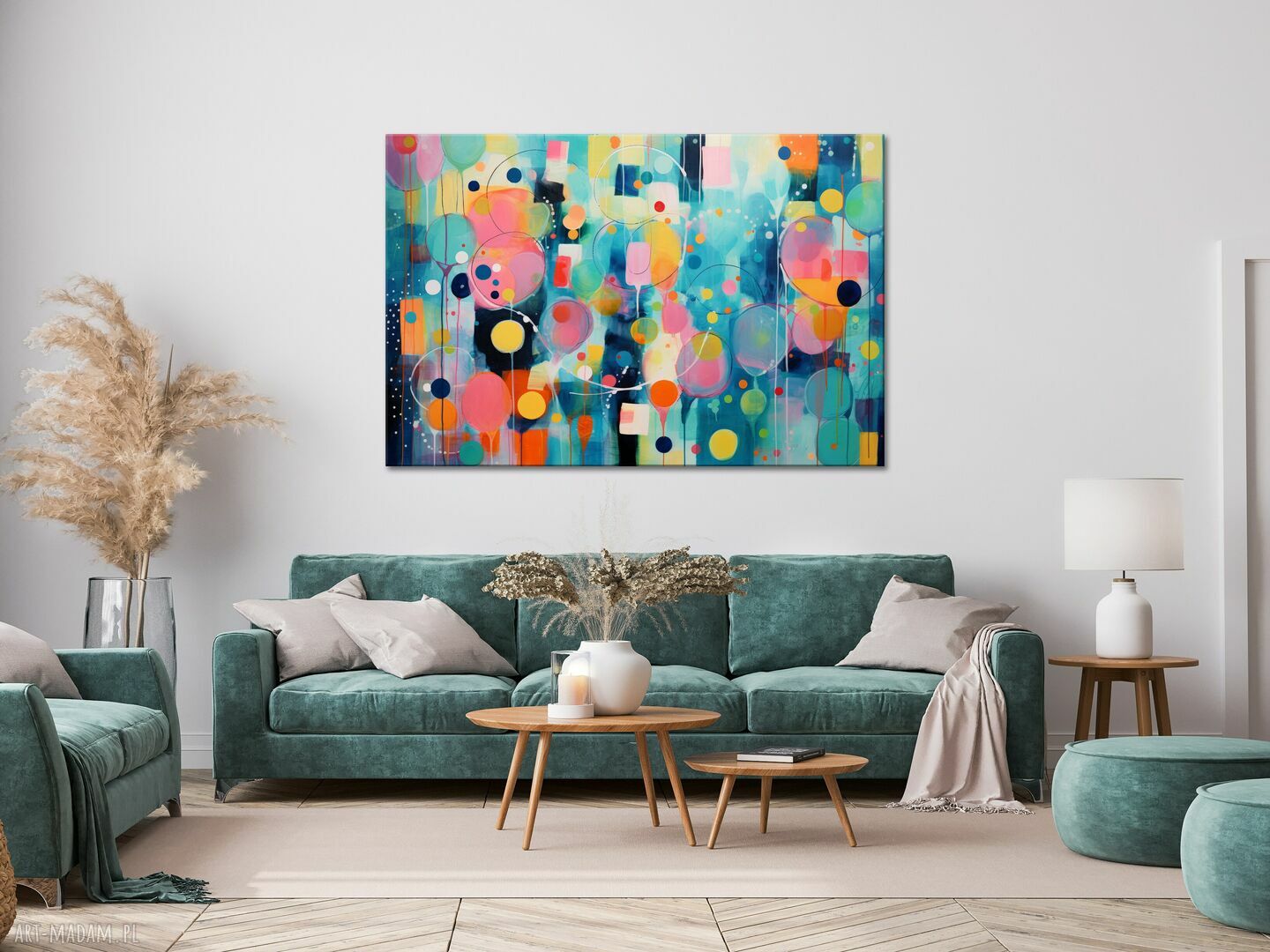 Kolorowa abstrakcja geometryczna do salonu 90x60 cm