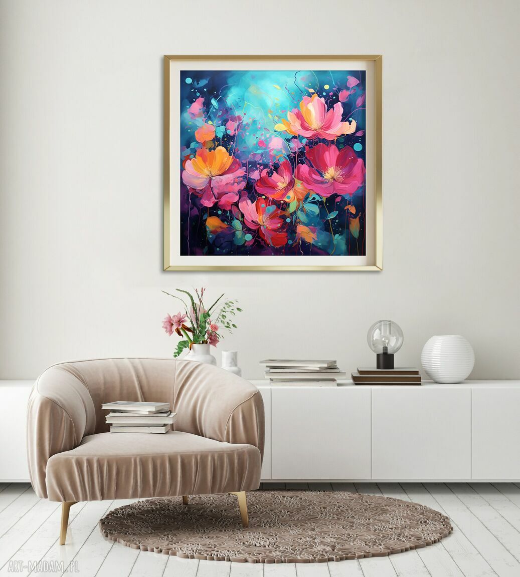 Granatowy obraz z różowymi kwiatami - abstrakcyjny plakat 50x50 cm
