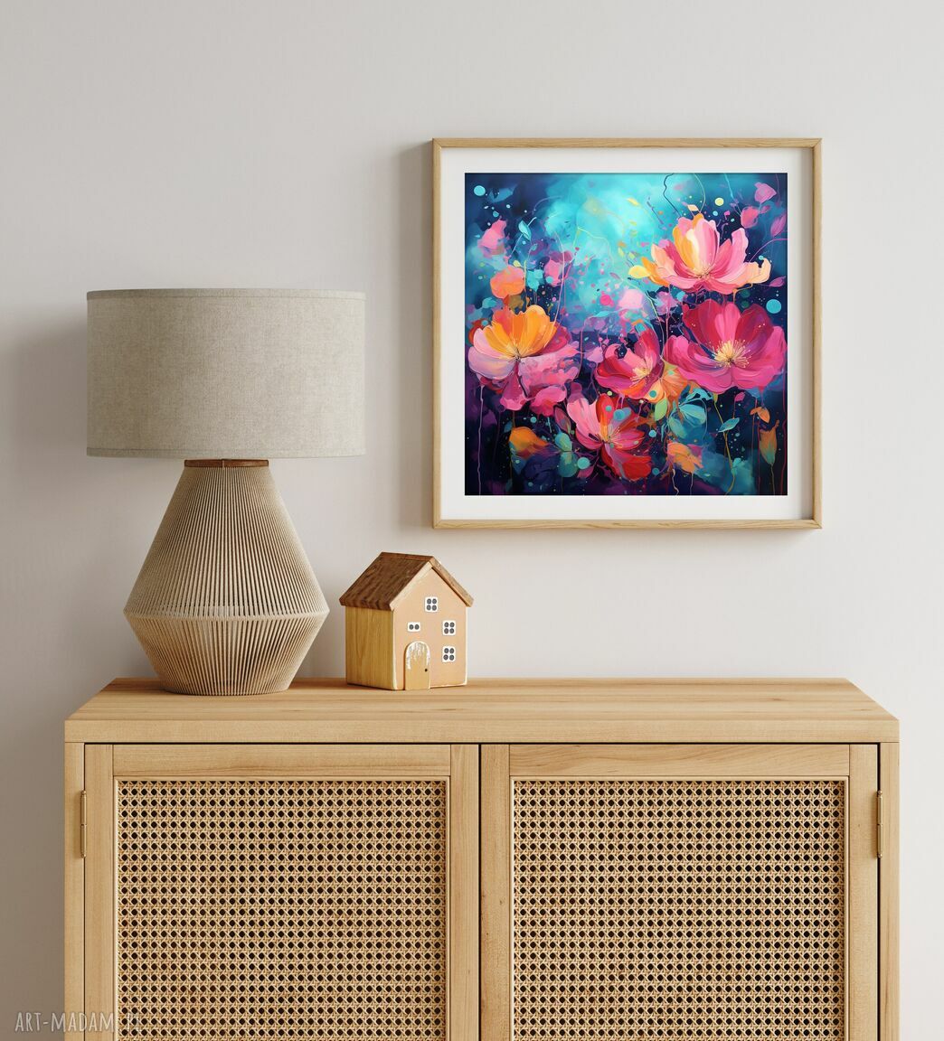 Granatowy obraz z różowymi kwiatami - abstrakcyjny plakat 50x50 cm