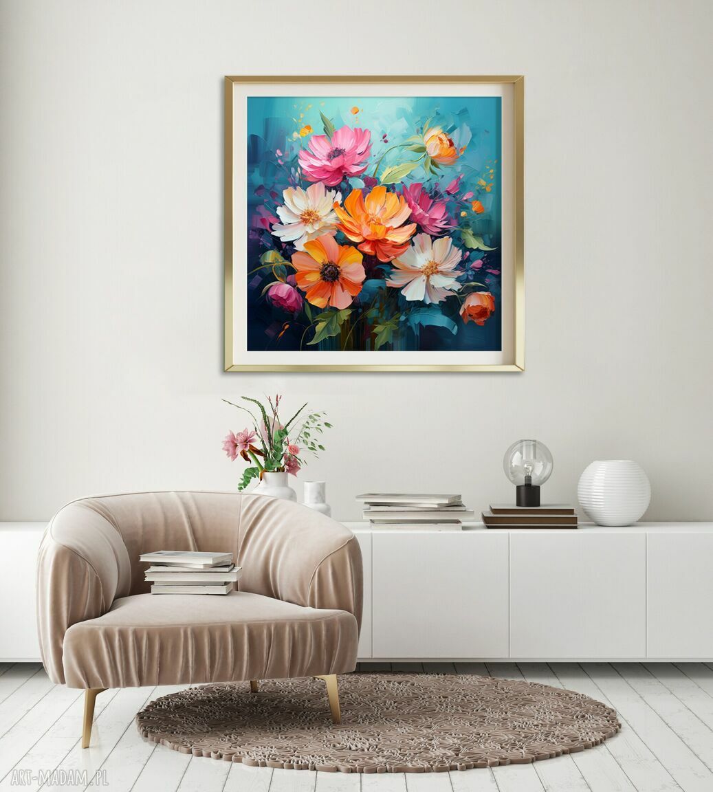 Granatowy obraz z kwiatami 50x50 cm - nowoczesna dekoracja do salonu i biura
