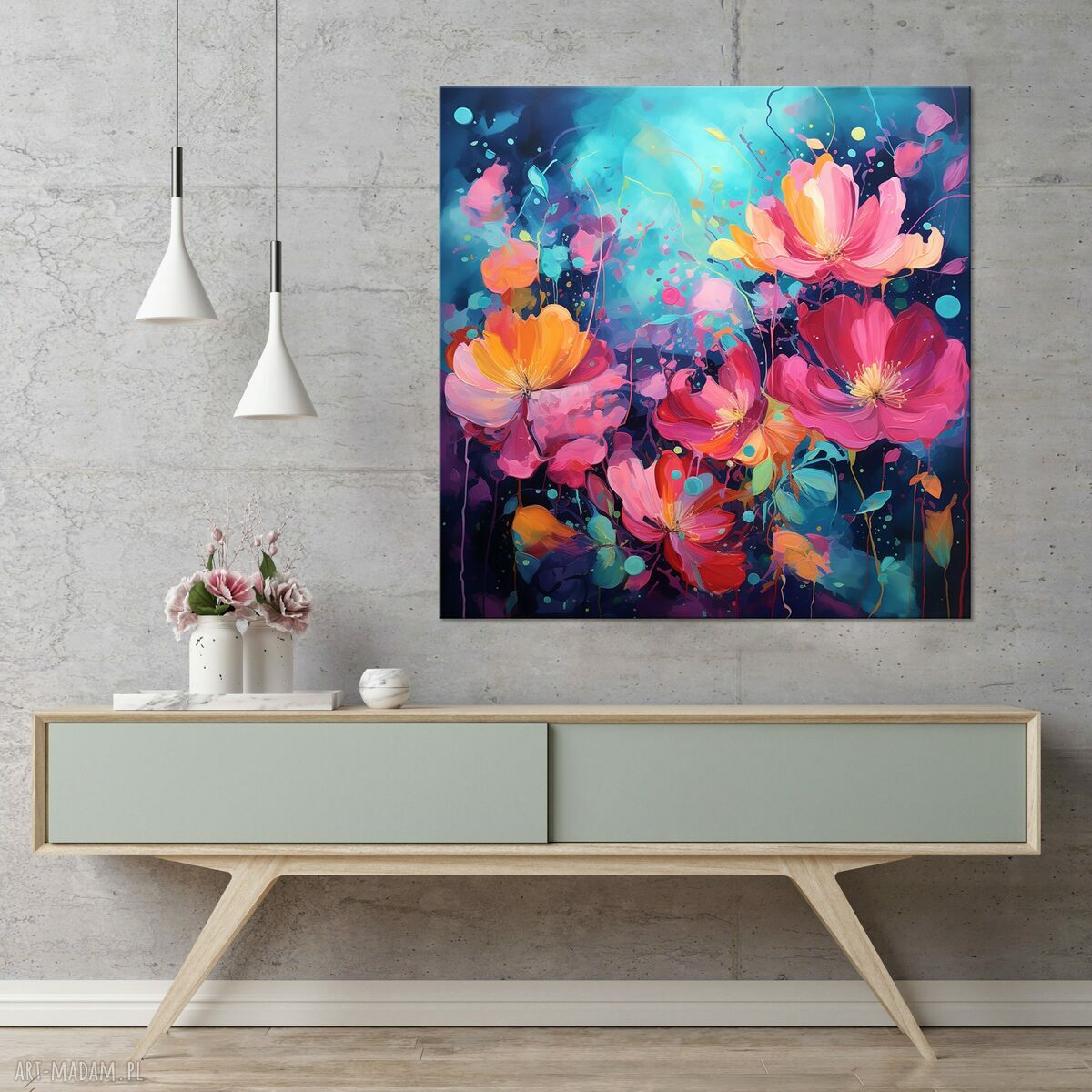 Granatowy obraz z różowymi kwiatami - abstrakcyjny plakat 50x50 cm