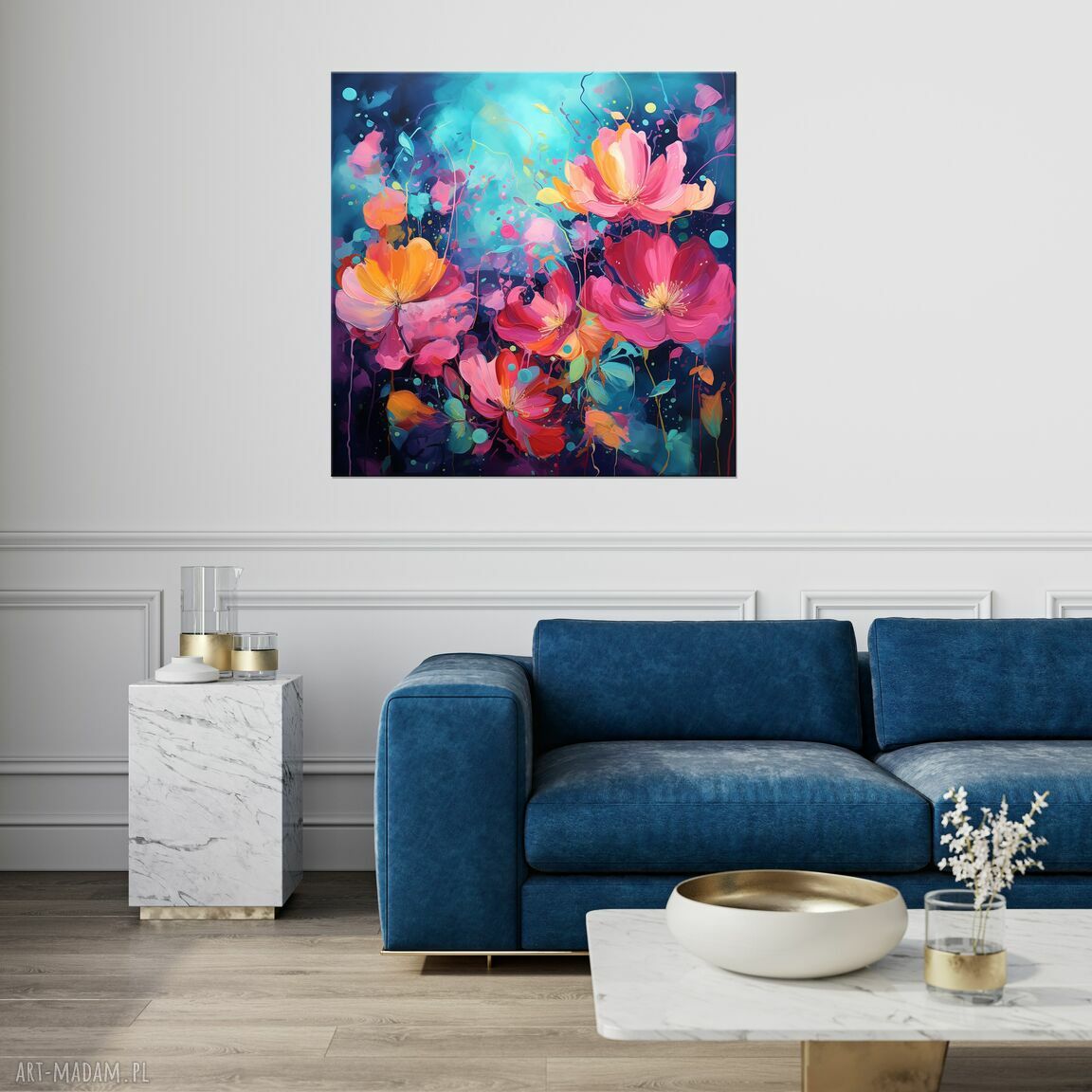 Granatowy obraz z różowymi kwiatami - abstrakcyjny plakat 50x50 cm