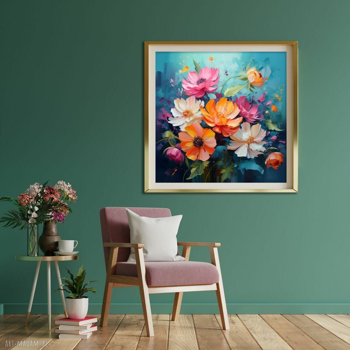 Granatowy obraz z kwiatami 50x50 cm - nowoczesna dekoracja do salonu i biura