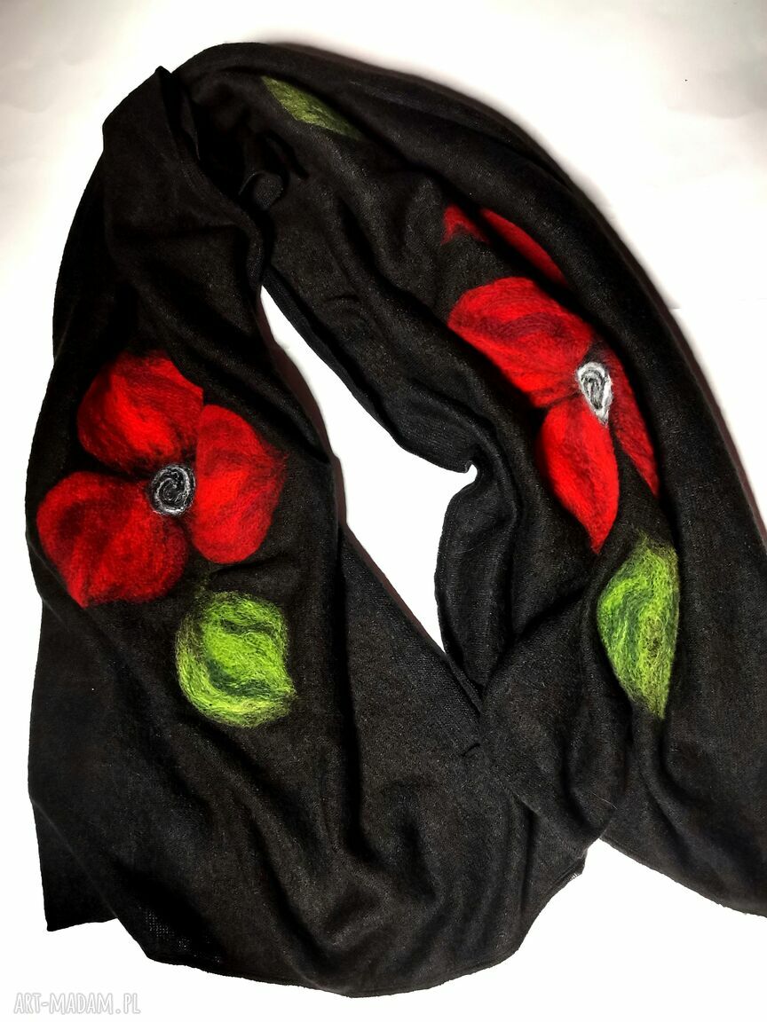 Granatowy szal damski zimowy z wełny merynosów - długi komin handmade