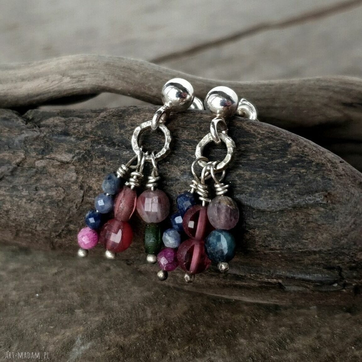 kolczyki: Grapes srebrne kolczyki z rubinami, granatami i szafirami HandMade