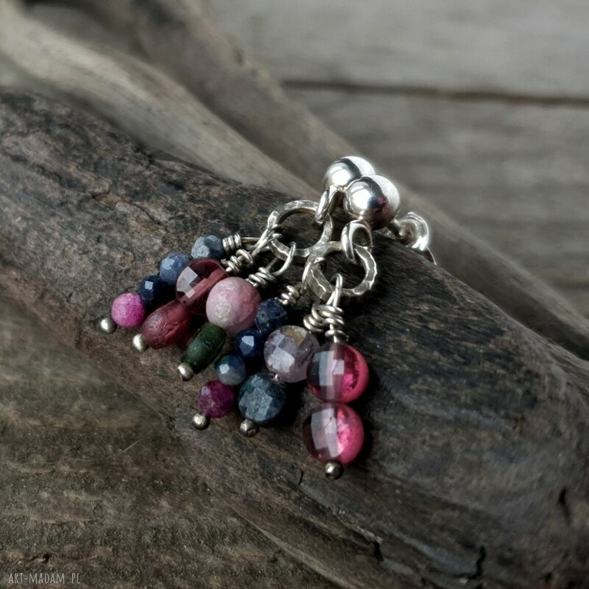 kolczyki: Grapes srebrne kolczyki z rubinami, granatami i szafirami HandMade