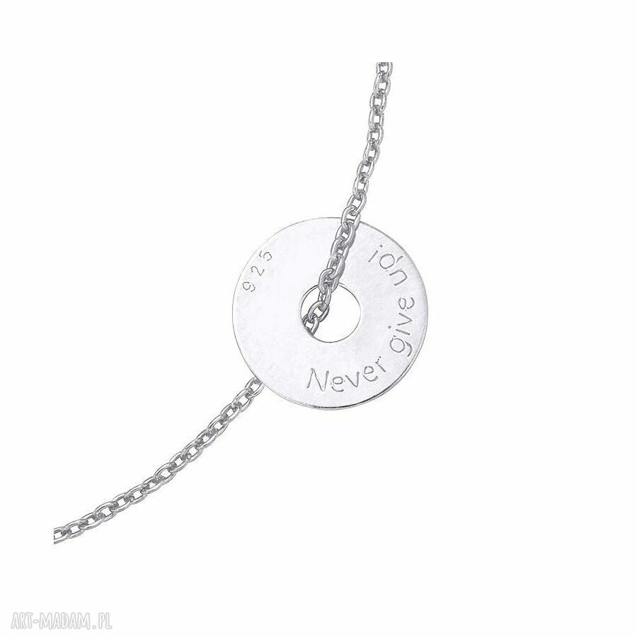 bransoletki: Srebrna bransoletka z małą karmą Never give up! ręcznie zrobione