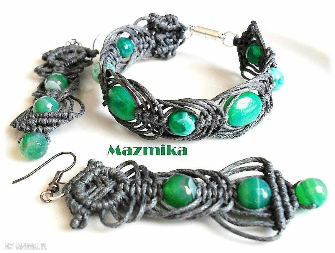 Gray&green - bransoletka makramowa z agatem fasetowanym i zielonymi akcentami