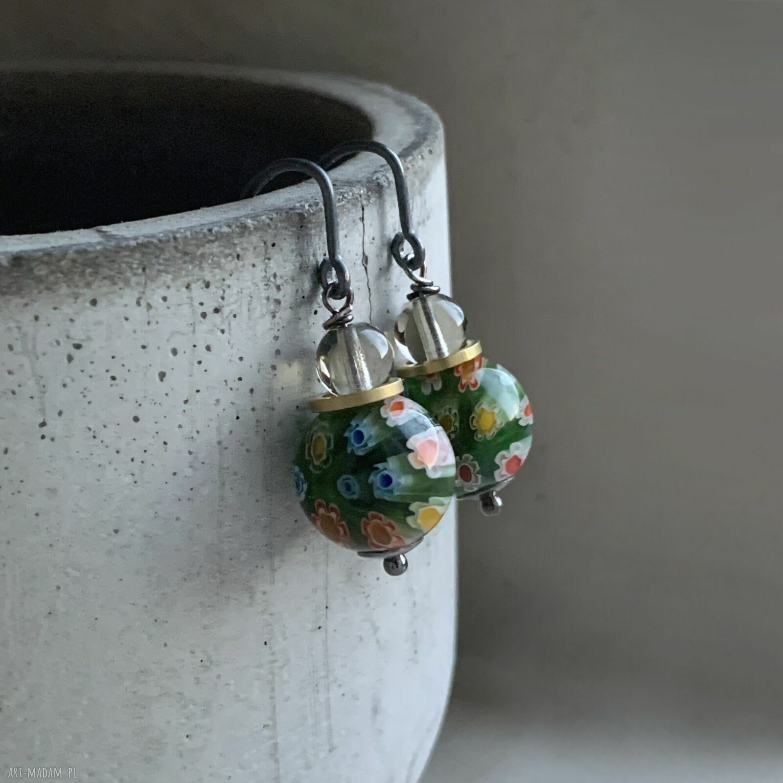 Kolczyki ze szkła millefiori Green & Smoky Gray z mosiądzem i srebrem 925