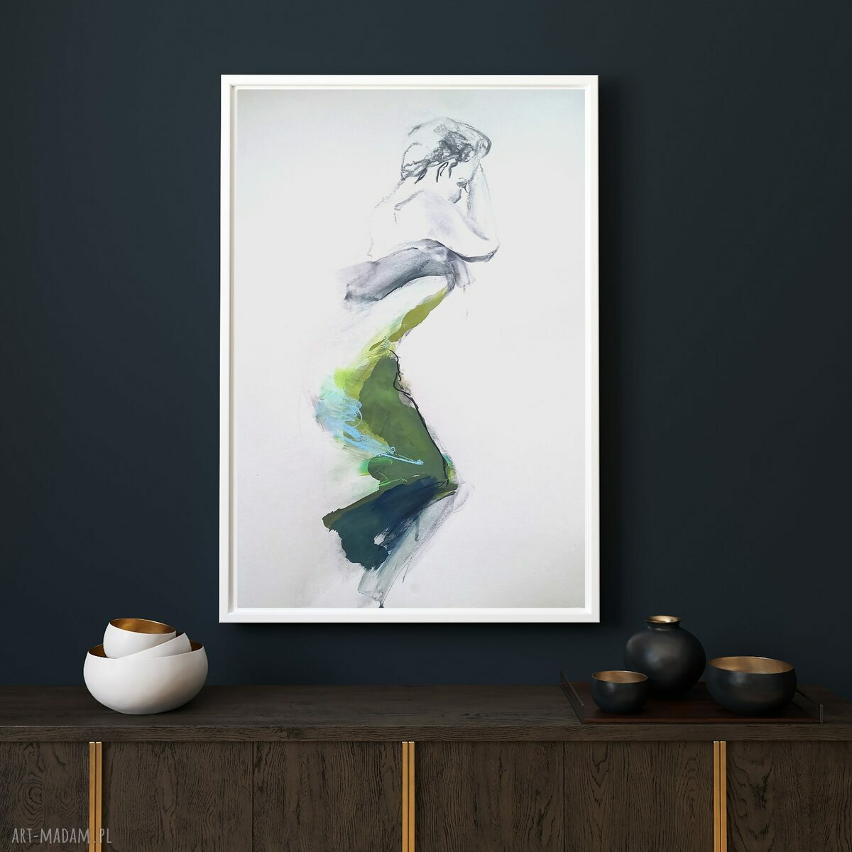 Green Dress - szkic kobiety w zielonej sukni 50x70 cm do salonu