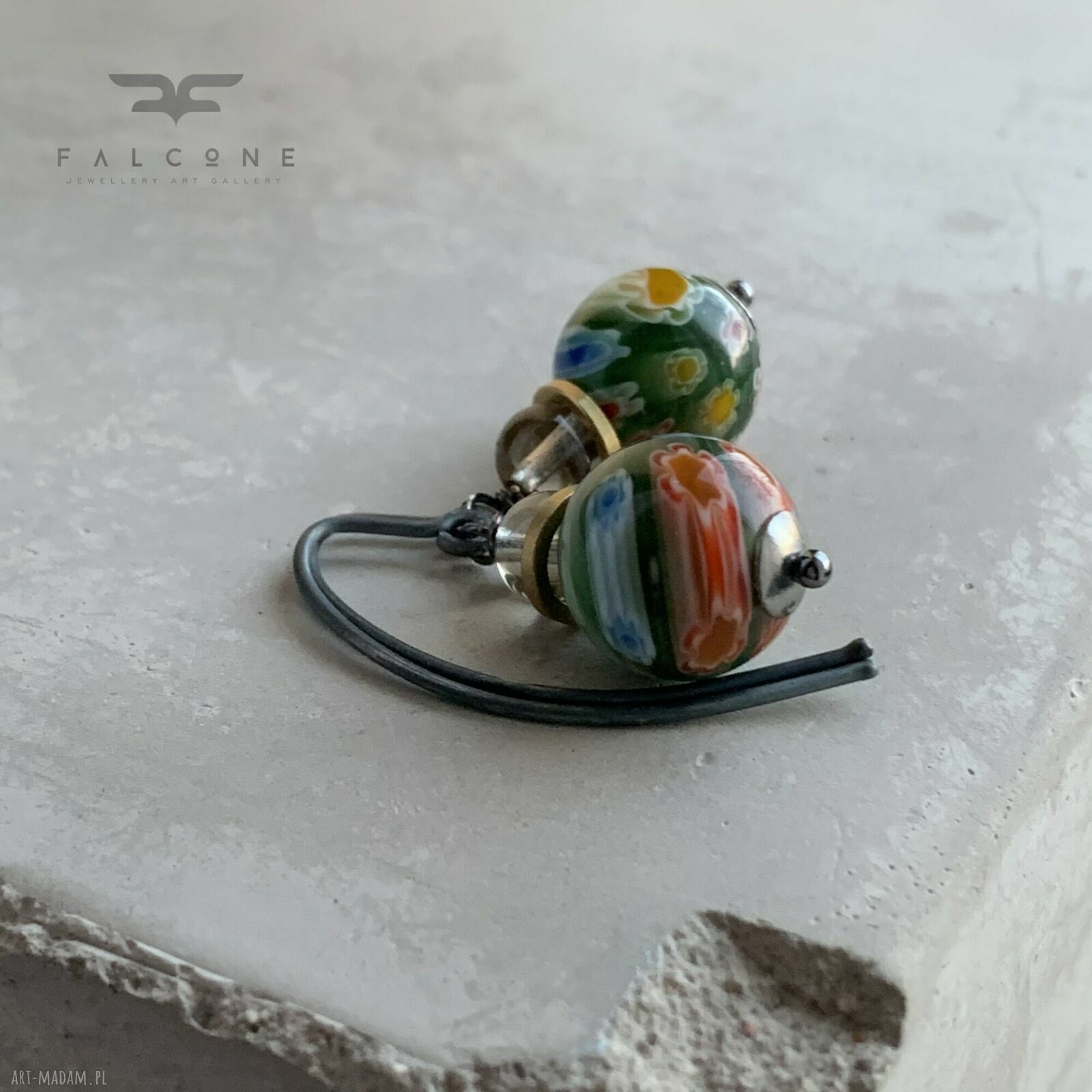 Kolczyki ze szkła millefiori Green & Smoky Gray z mosiądzem i srebrem 925