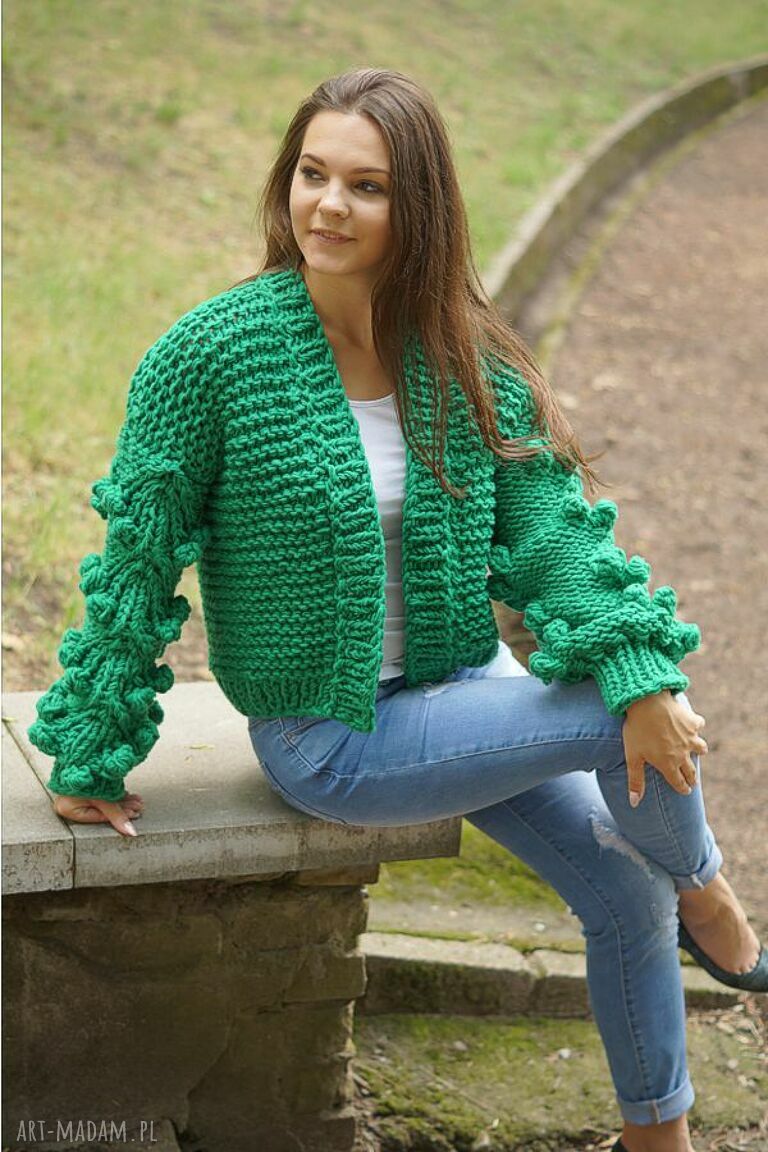 Green grassy bomber - gruby wełniany kardigan oversize z motywem roślinnym