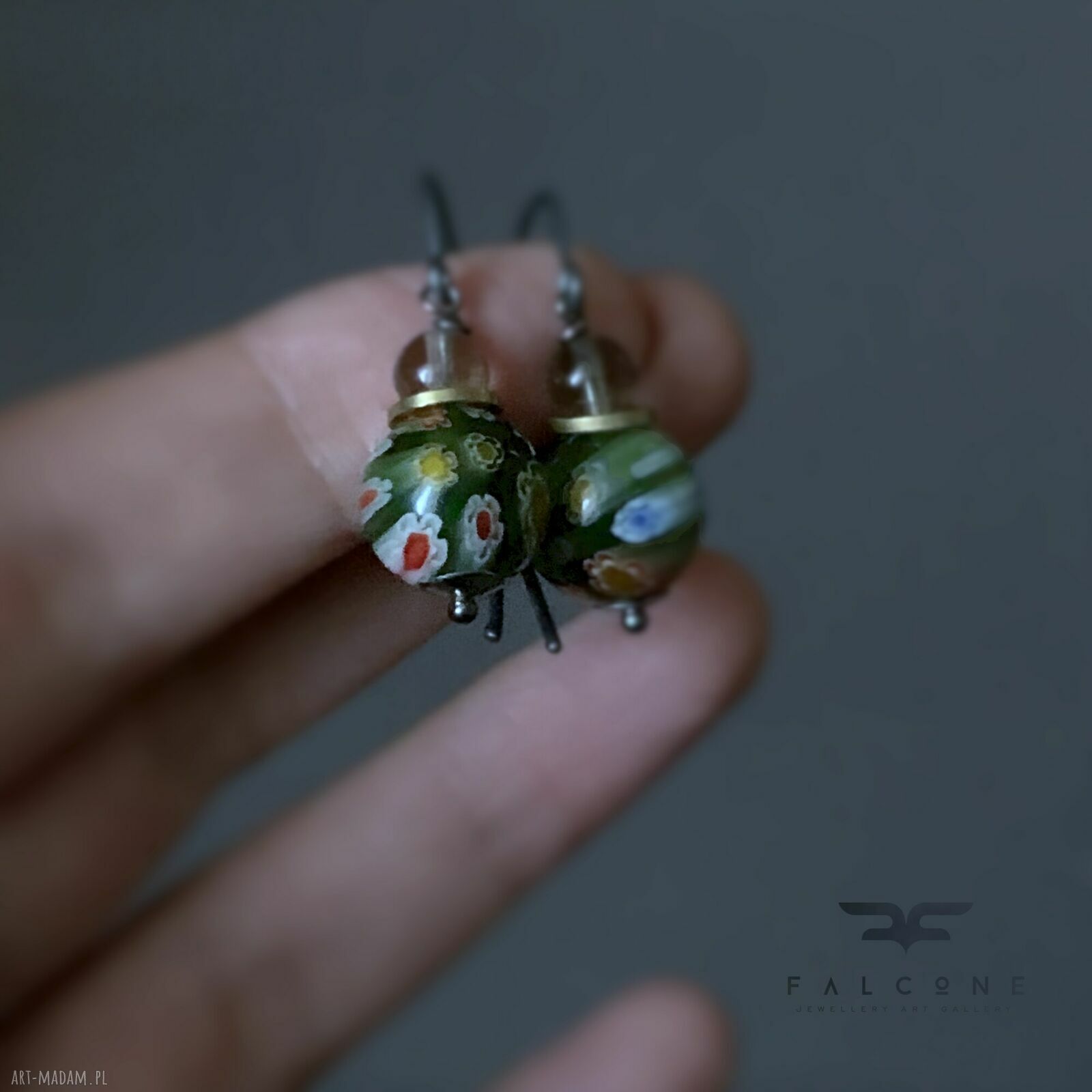 Kolczyki ze szkła millefiori Green & Smoky Gray z mosiądzem i srebrem 925