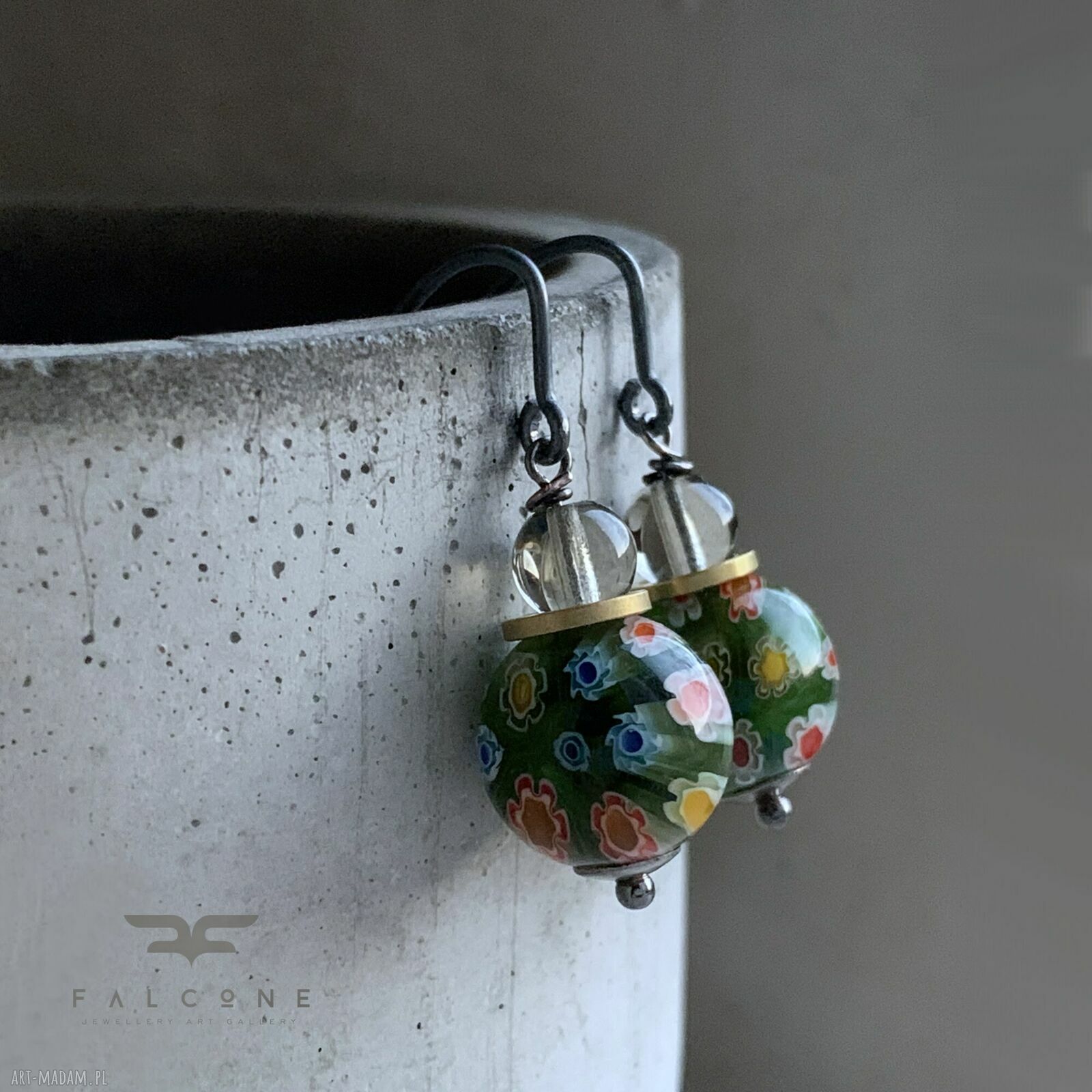 Kolczyki ze szkła millefiori Green & Smoky Gray z mosiądzem i srebrem 925