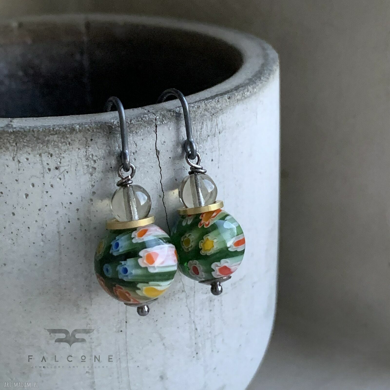 Kolczyki ze szkła millefiori Green & Smoky Gray z mosiądzem i srebrem 925