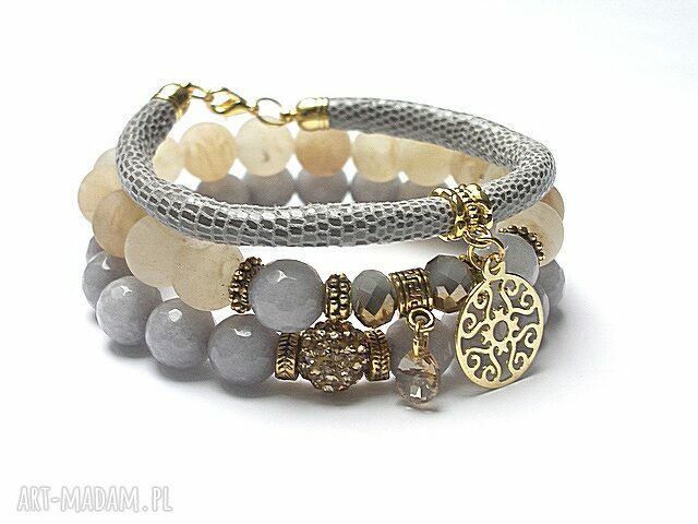 Grey and champagne vol set skóra rzemień kwarc jadeity kryształki