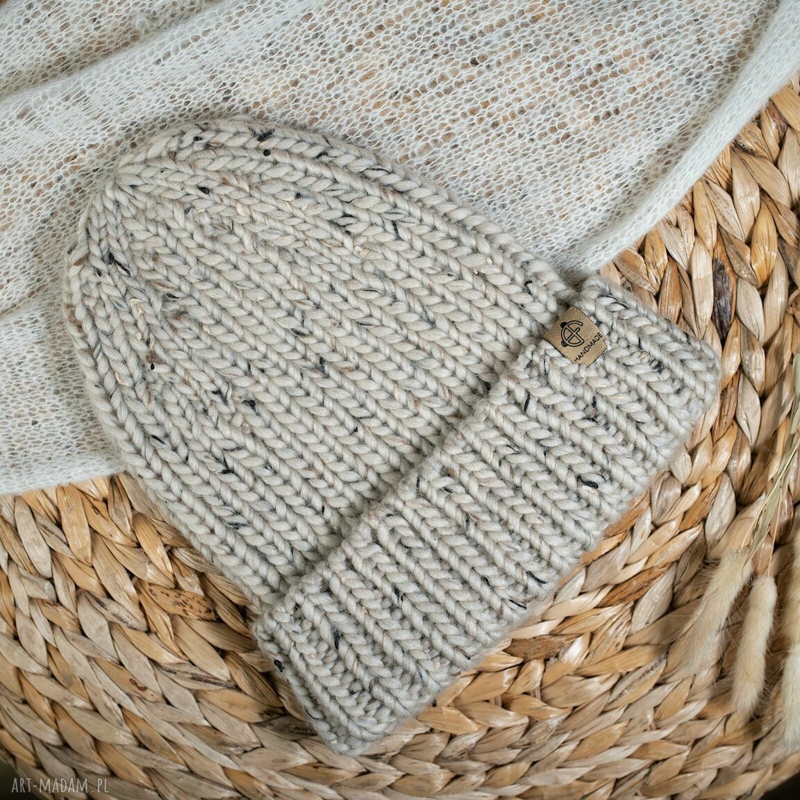 Gruba czapka z wełny peruwiańskiej - naturalny tweed (jasny beż) - handmade