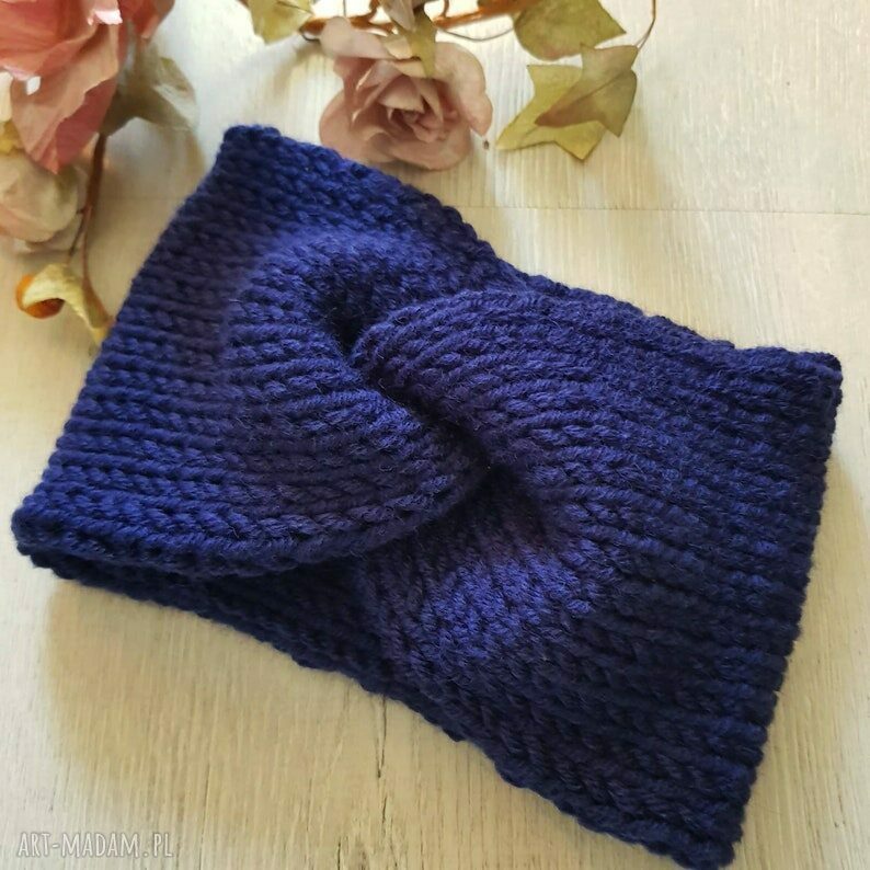 Gruba opaska ciemny granat na głowę - wygoda i ciepło na zimę, handmade