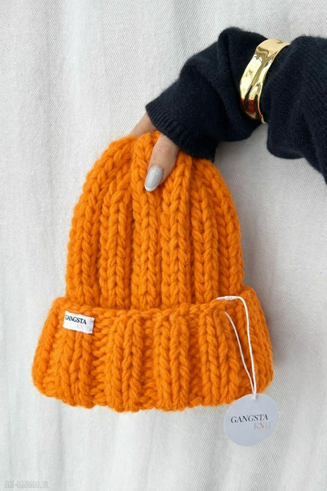 Gruba wełniana czapka beanie w kolorze mandarynki 100% wełna handmade