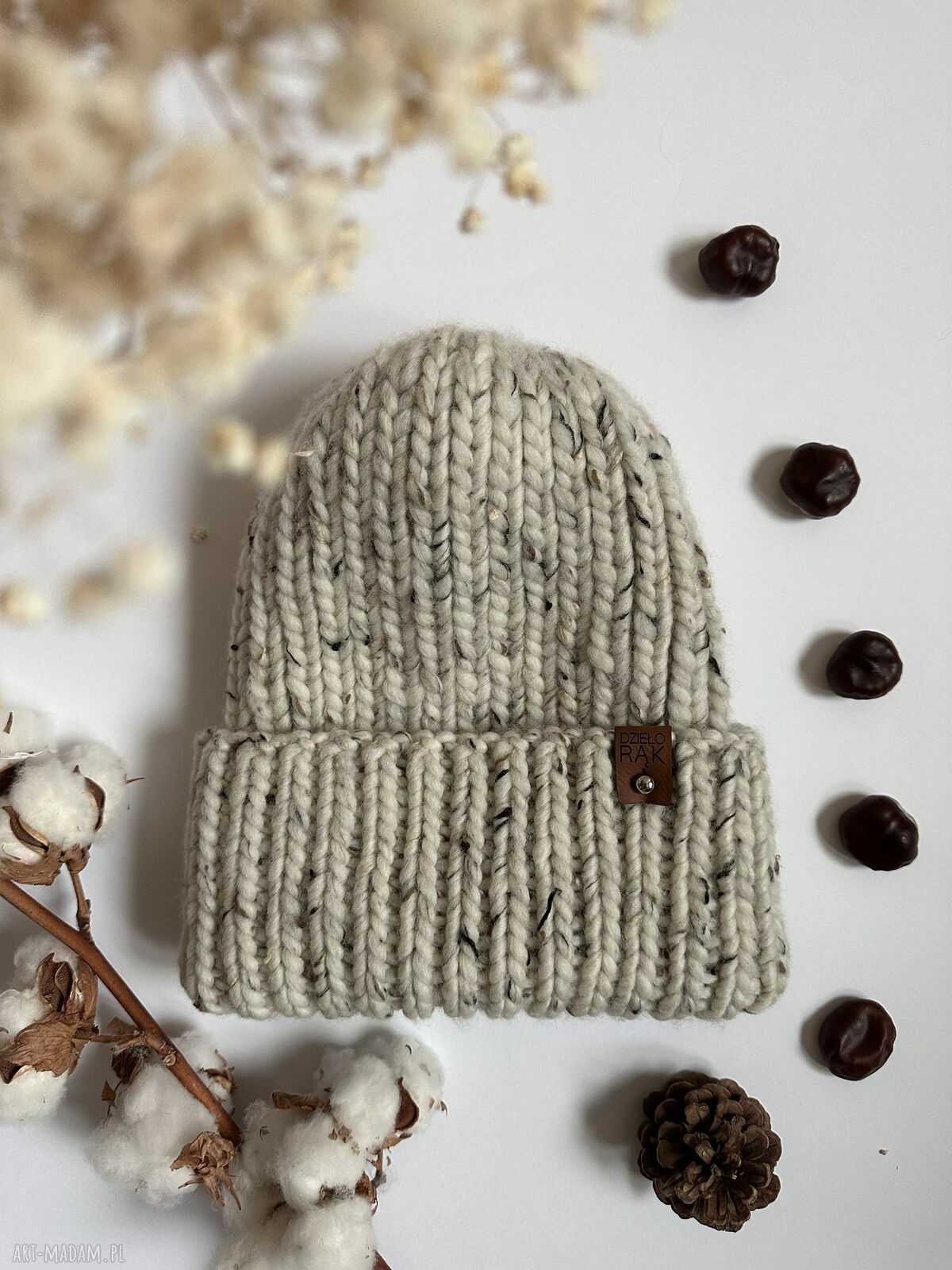 Gruba wełniana czapka oversize w kolorze tweed - wełna peruwiańska