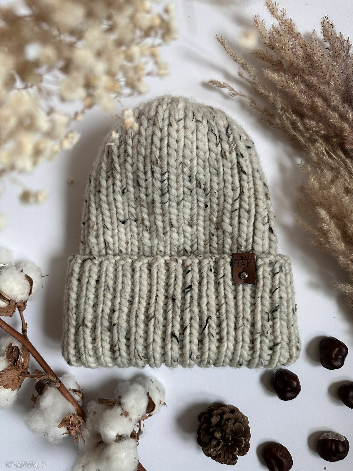 Gruba wełniana czapka oversize w kolorze tweed - wełna peruwiańska