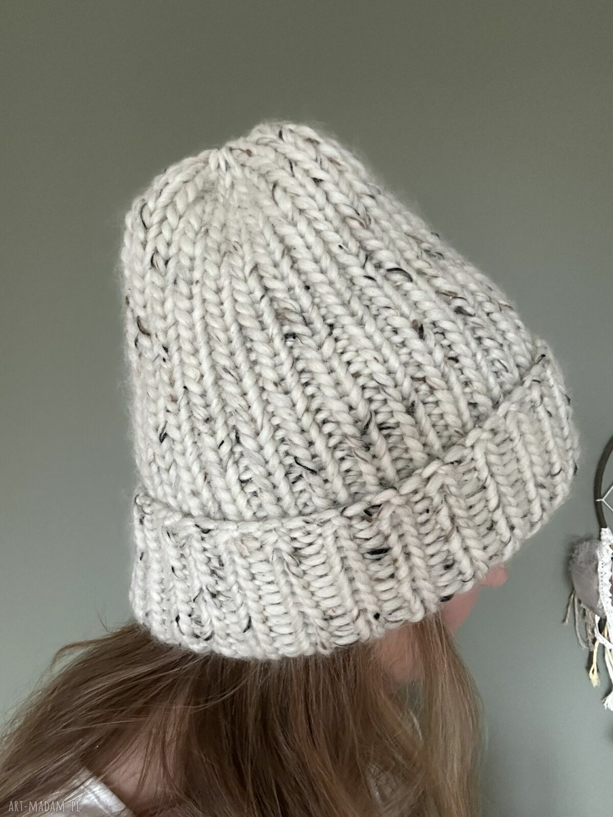 Gruba wełniana czapka oversize w kolorze tweed - wełna peruwiańska