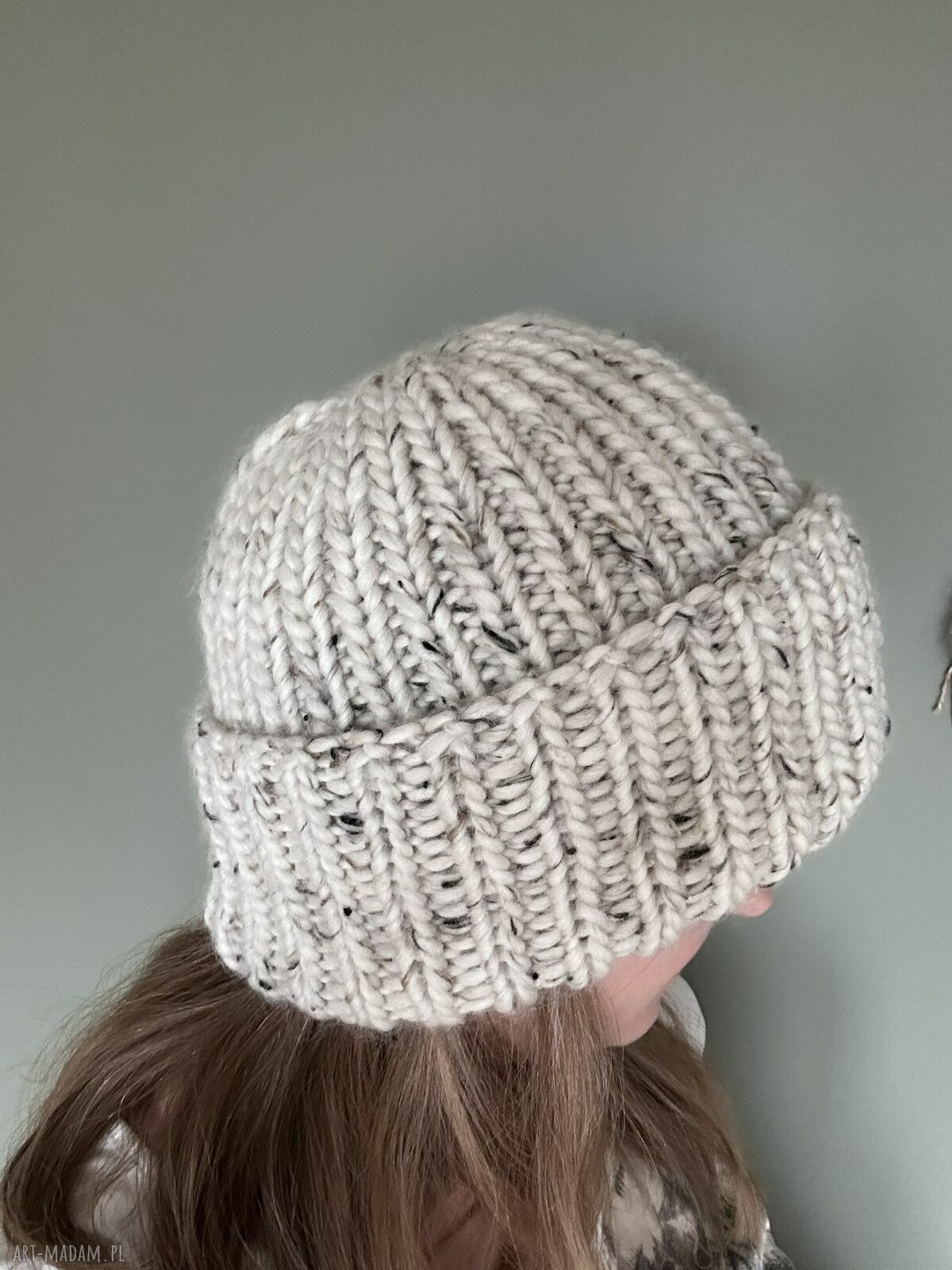 Gruba wełniana czapka oversize w kolorze tweed - wełna peruwiańska