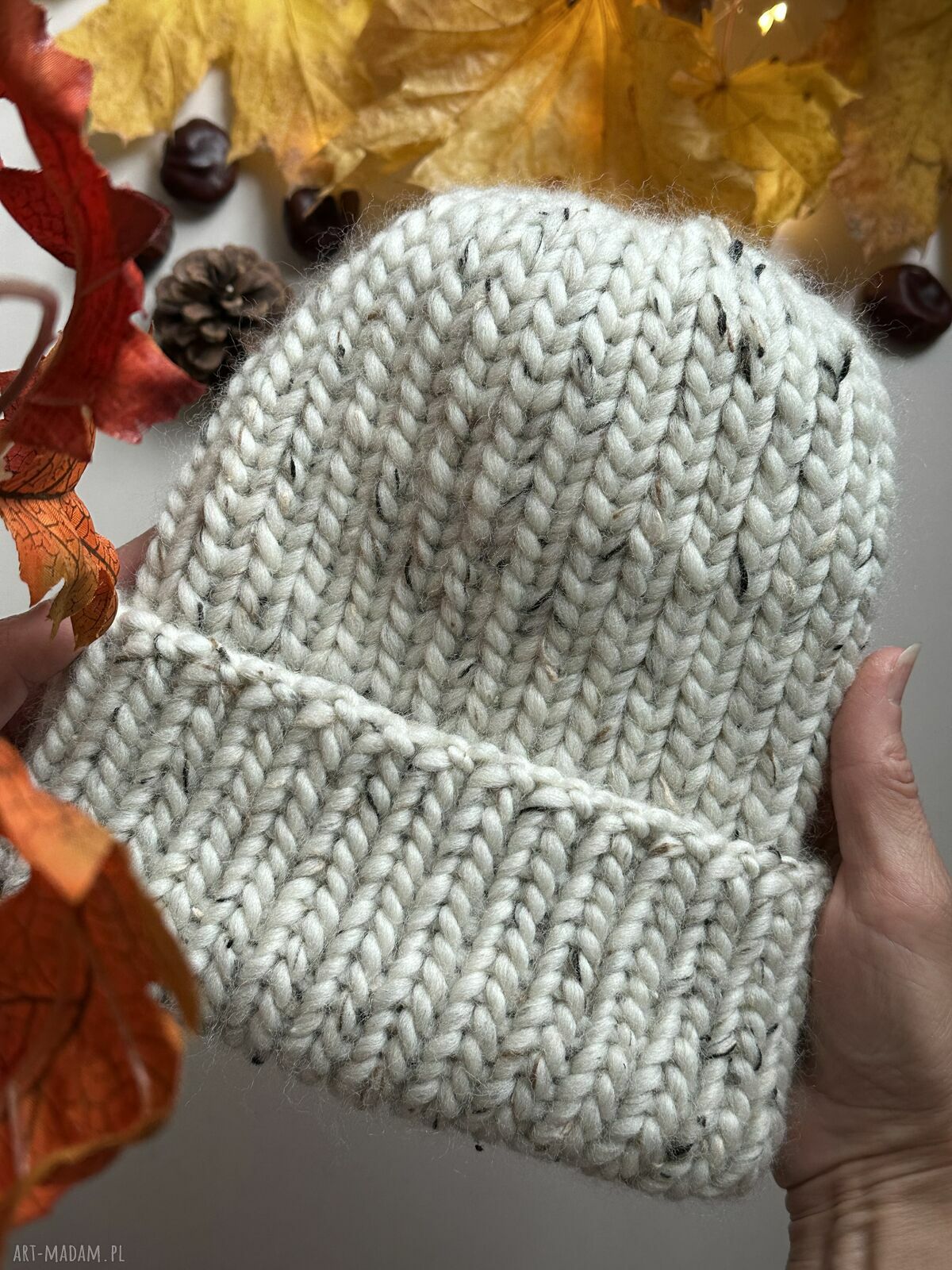 Gruba wełniana czapka oversize w kolorze tweed - wełna peruwiańska