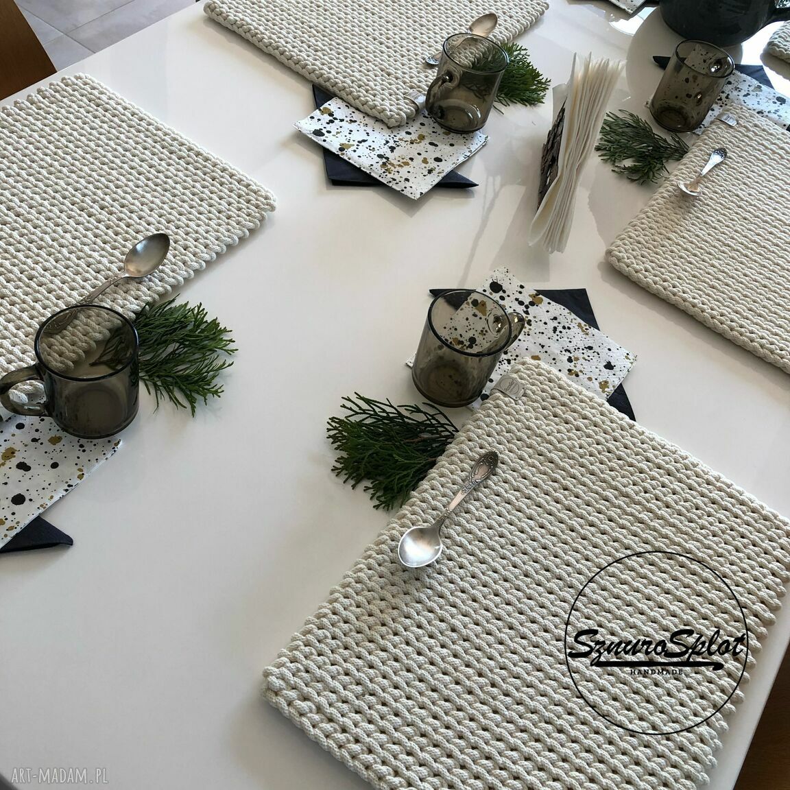 Grube podkładki na stół pod talerze 30x40 - komplet 6 szt. ręcznie robione ze sznurka bawełnianego 5 mm
