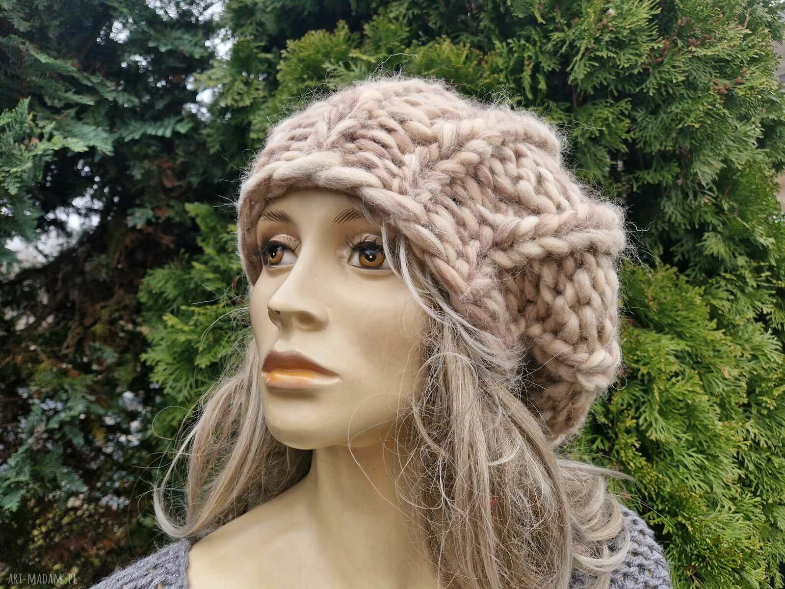 Beret z grubej wełny merynosa - ręcznie robiony damski oversize (100% merino)