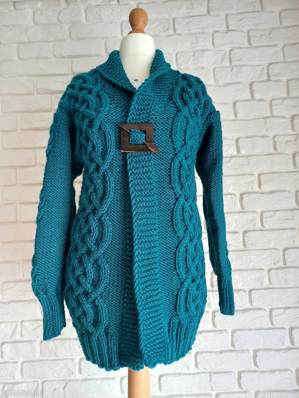 Gruby, mięsisty kardigan handmade w kolorze petrol