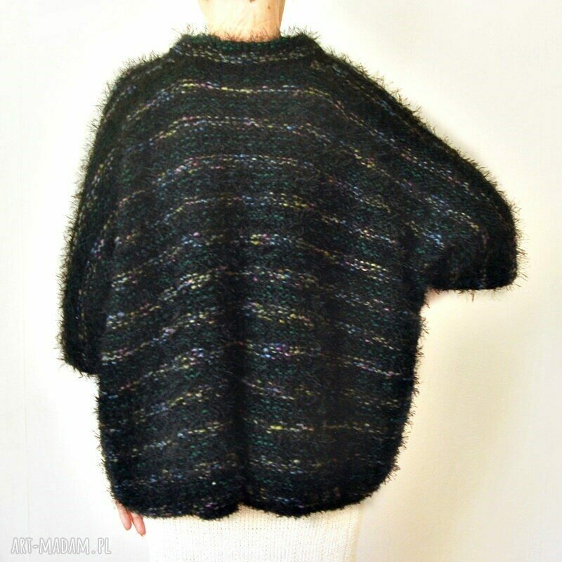 Gruby sweter oversize „futrzak” - ręcznie robiony, czarny melanż
