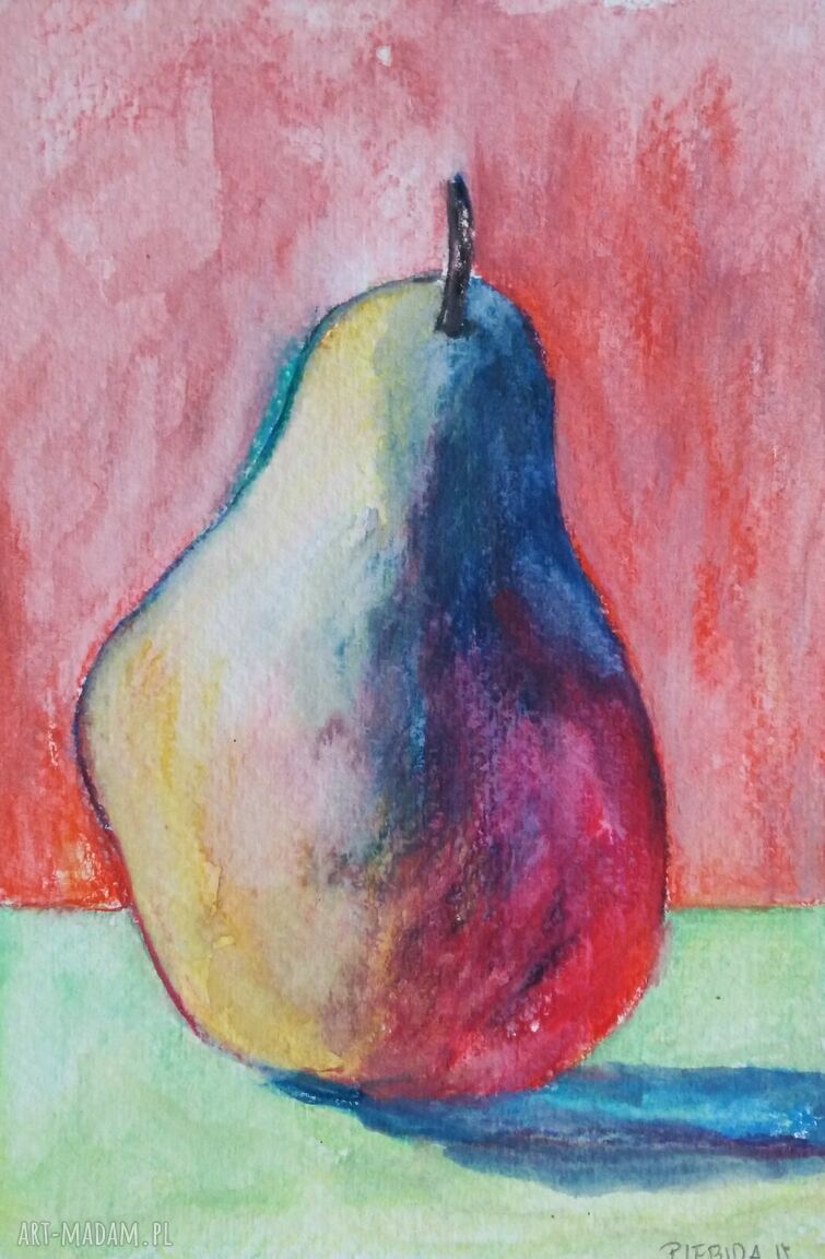 Gruszka - ręcznie malowana akwarela z kredkami akwarelowymi (12,5 x 18 cm)
