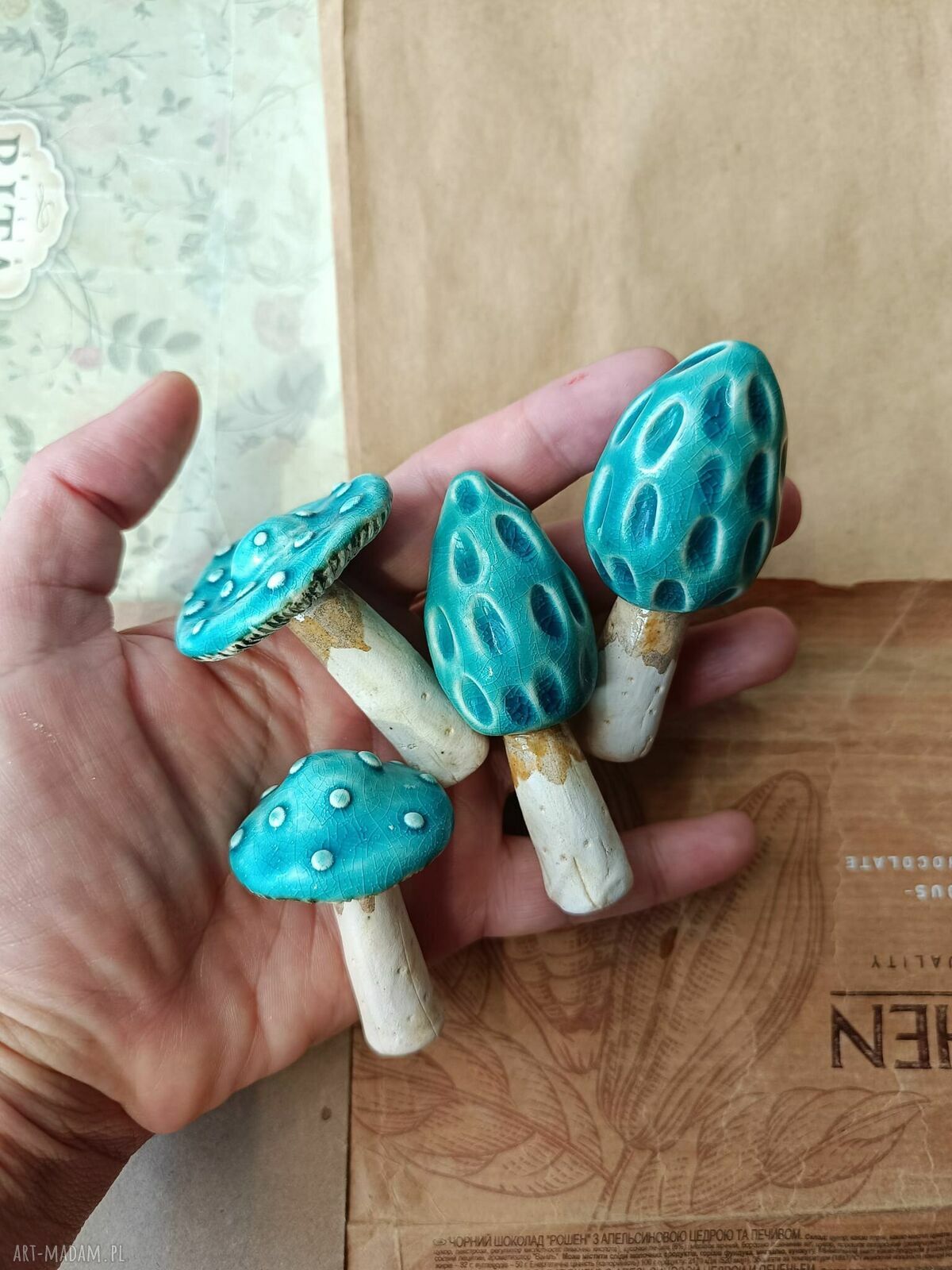 Turkusowe grzybki ceramiczne do doniczki - zestaw 4 sztuk