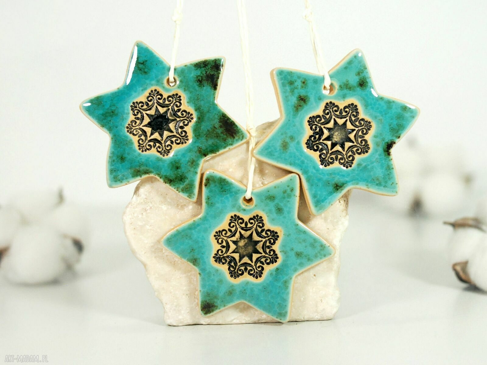 Turkusowe gwiazdki choinkowe - ozdoby ceramiczne (zestaw 3)