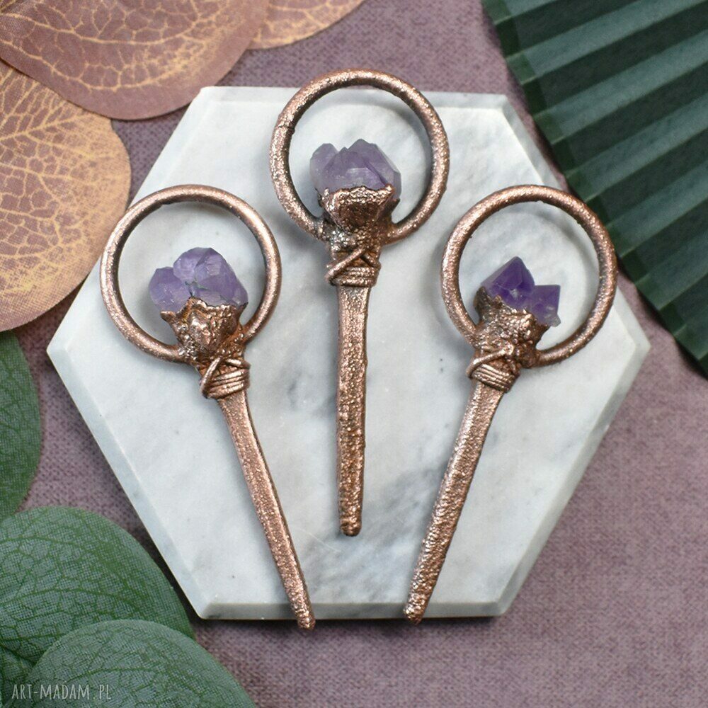 Gwóźdź trumny miedziany wisior surowym ametystem #174 wisiorek