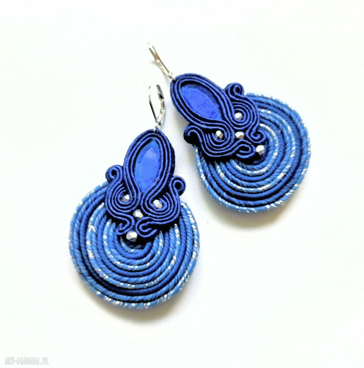 Kolczyki haftowane sutaszowe Blue Spiral - niebieskie boho