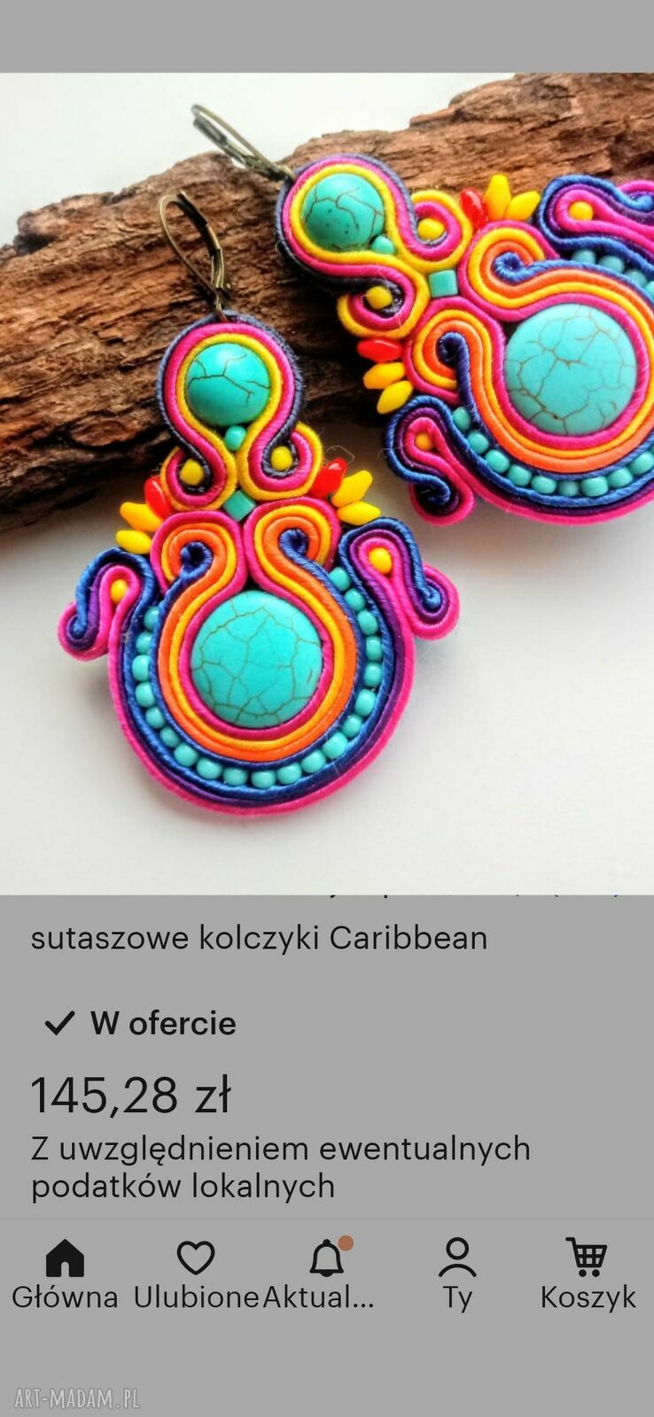 Kolczyki haftowane sutaszowe Bahama z turkusowymi howlitami