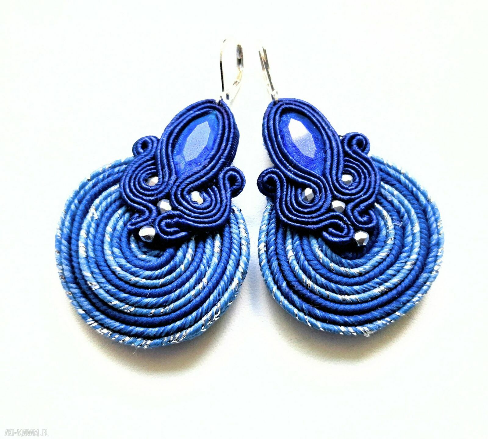 Kolczyki haftowane sutaszowe Blue Spiral - niebieskie boho