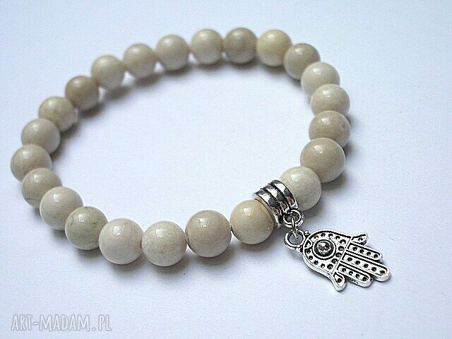 Hamsa ecru marmur bransoletka wykonana kamieni 10mm oraz