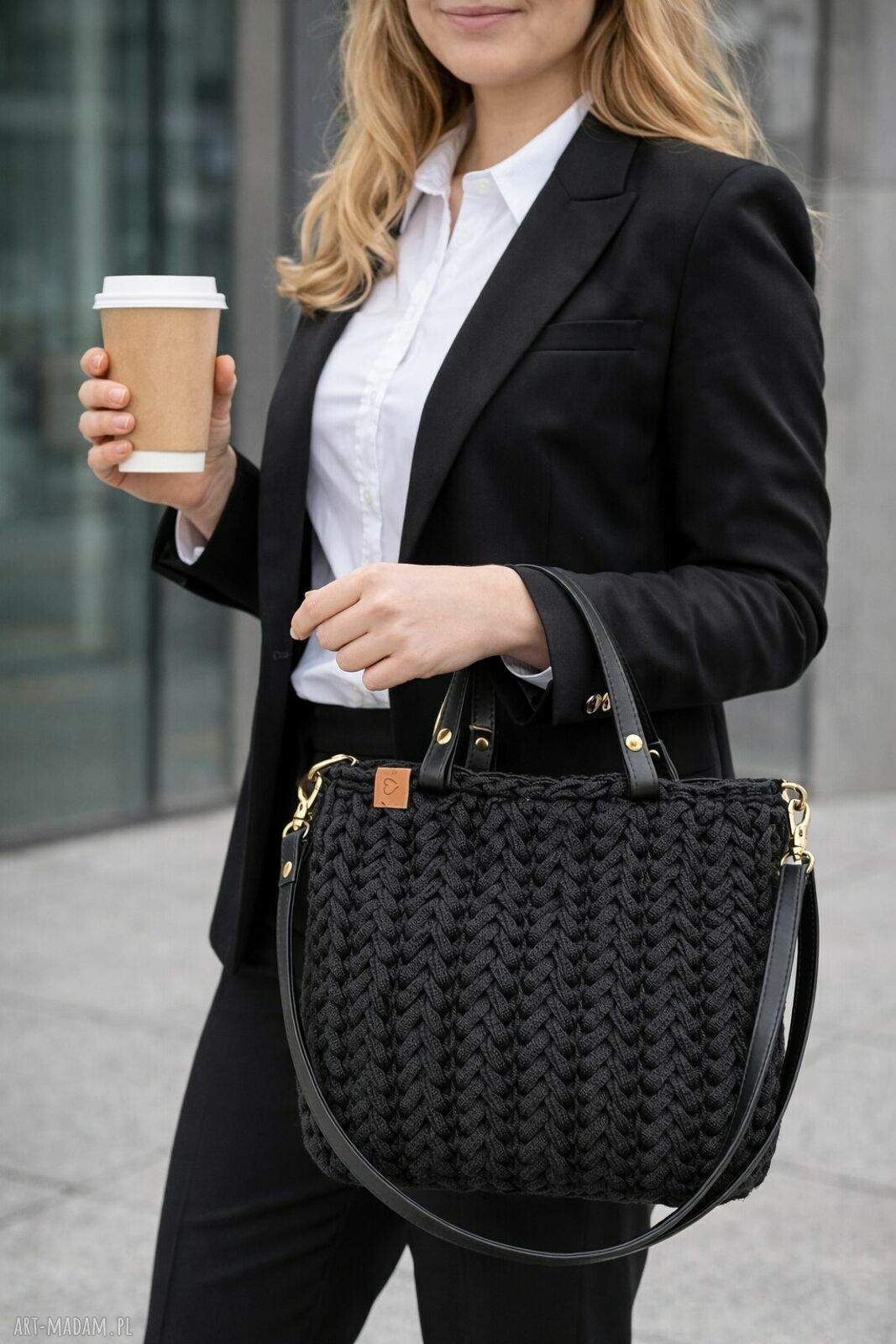 Czarna pleciona torebka handmade do pracy - Business Woman