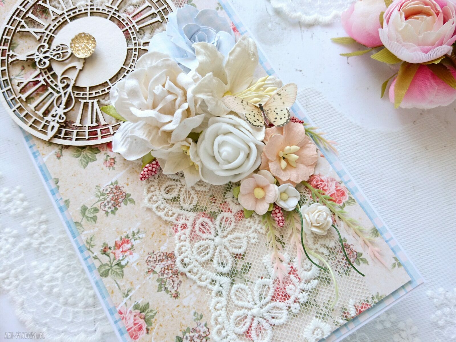 Kartka Shabby Chic z zegarem - ręcznie robiona