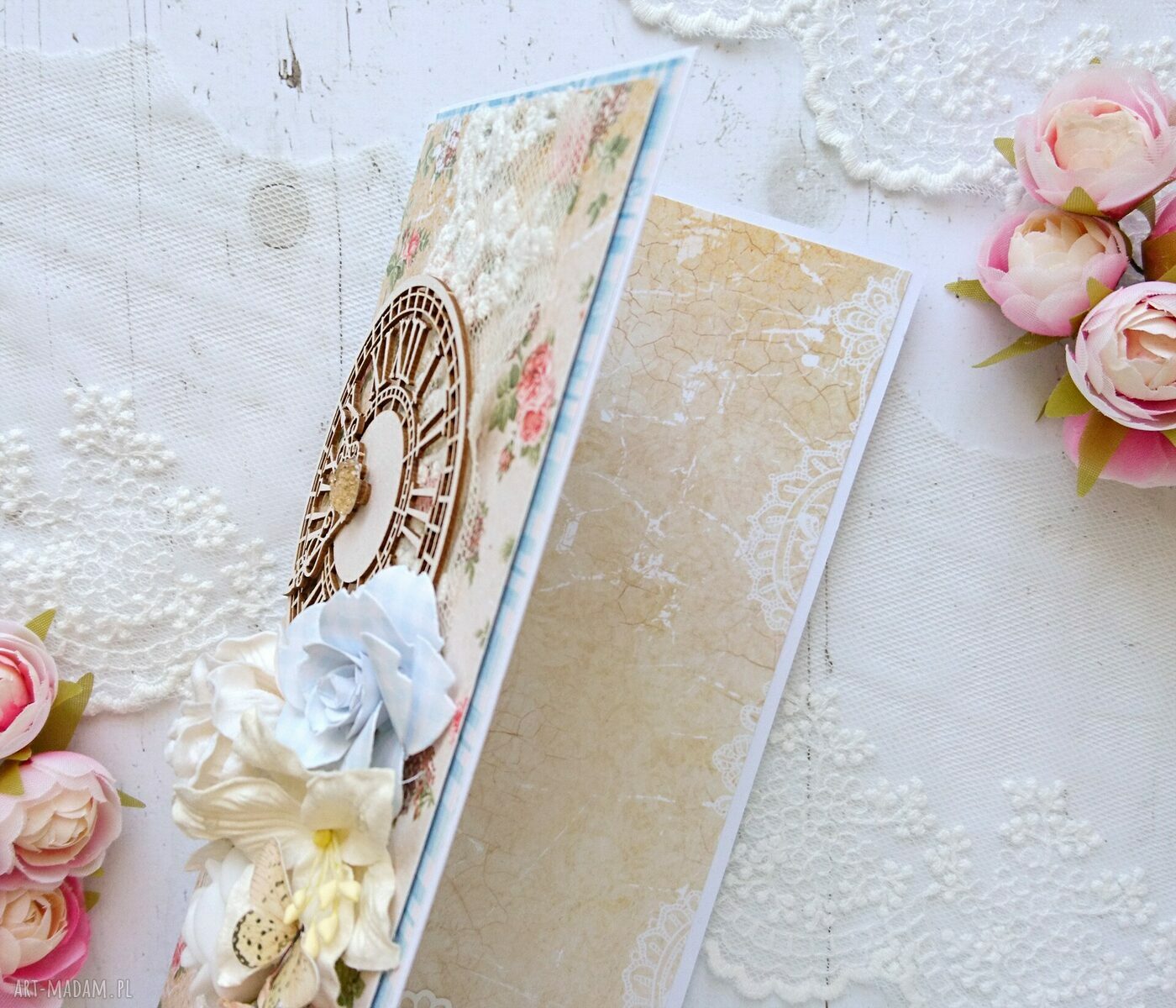 Kartka Shabby Chic z zegarem - ręcznie robiona