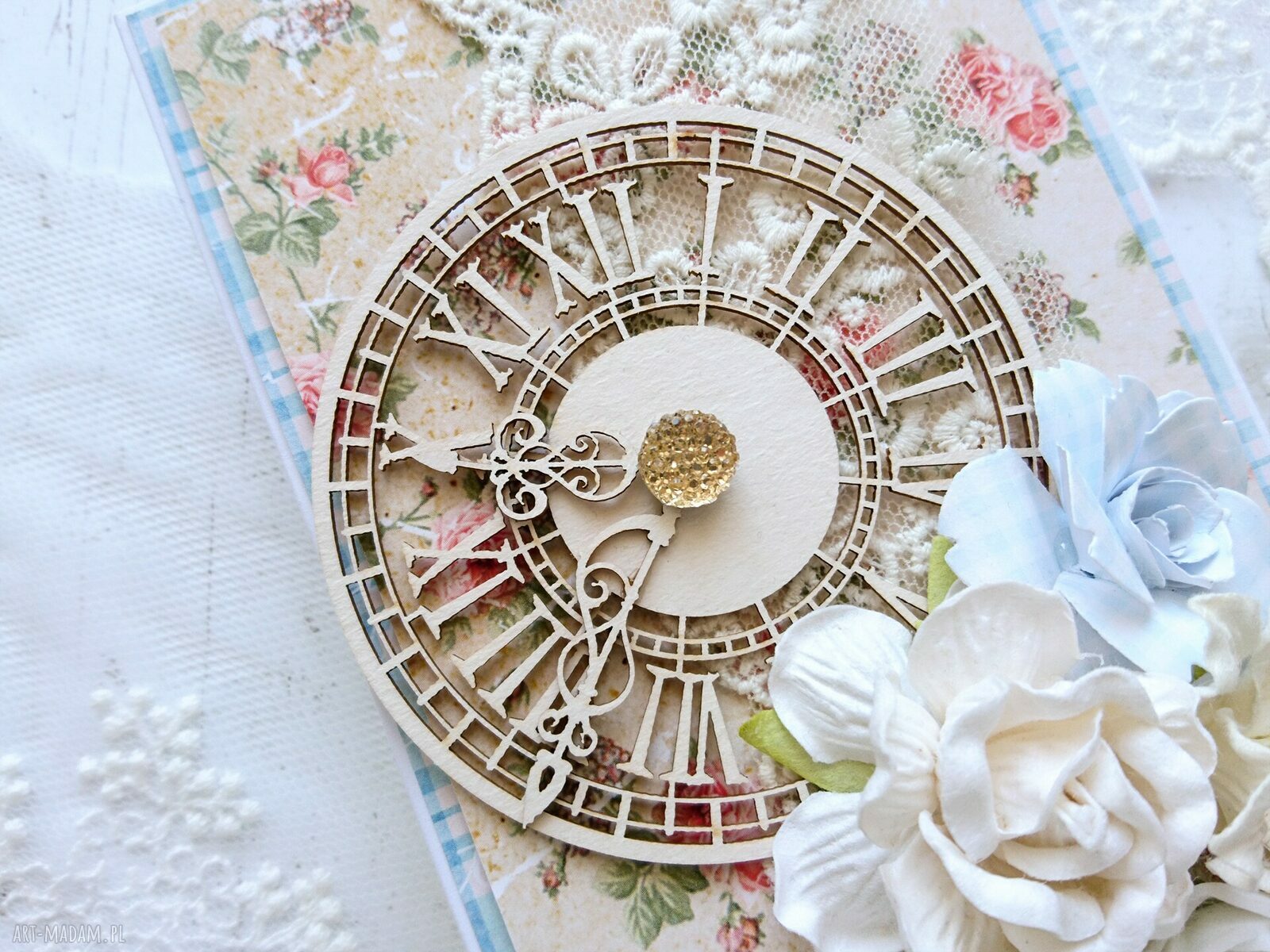 Kartka Shabby Chic z zegarem - ręcznie robiona