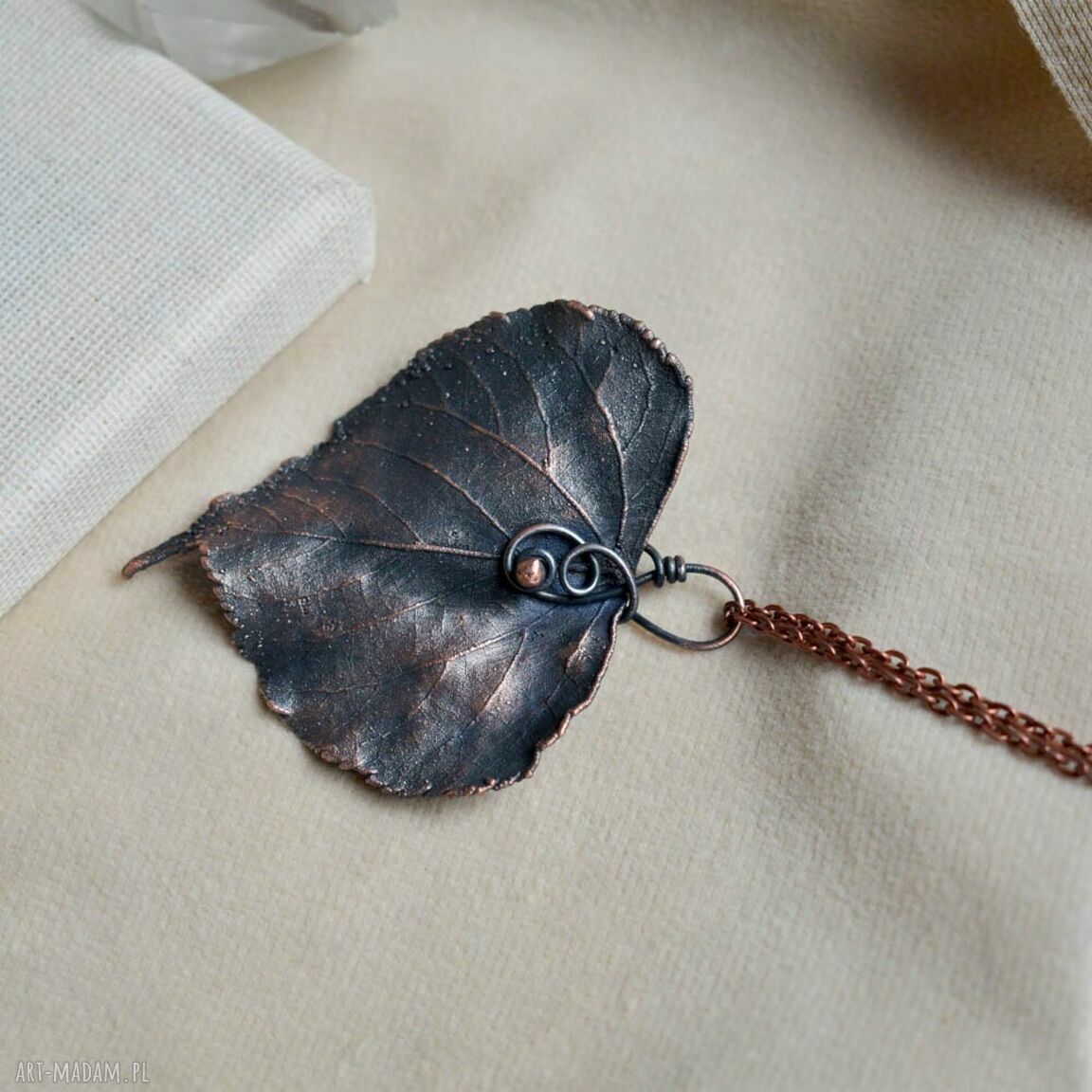 Lipa - naszyjnik z liściem pokrytym miedzią (handmade)