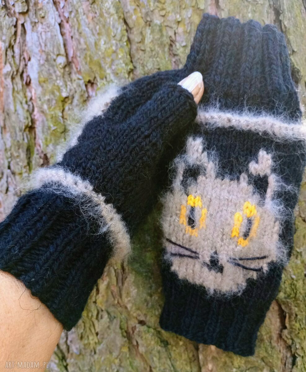 Mitenki w kotki - wełniane rękawiczki bez palców handmade
