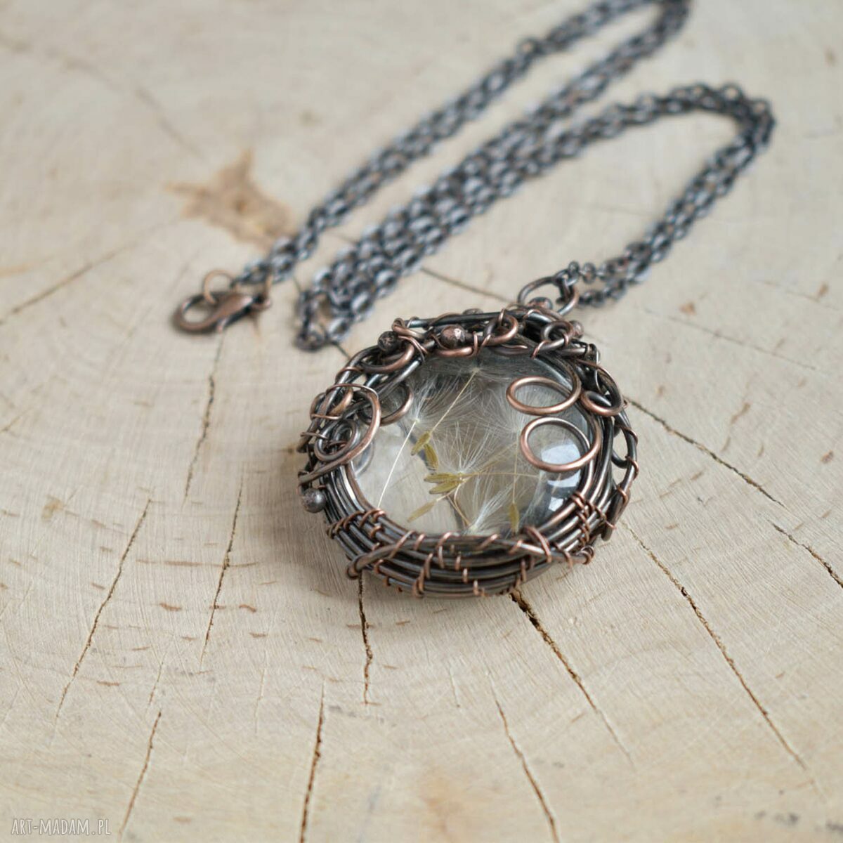 Dmuchawiec - naszyjnik z prawdziwym dmuchawcem w szkle (wire wrapping miedź)