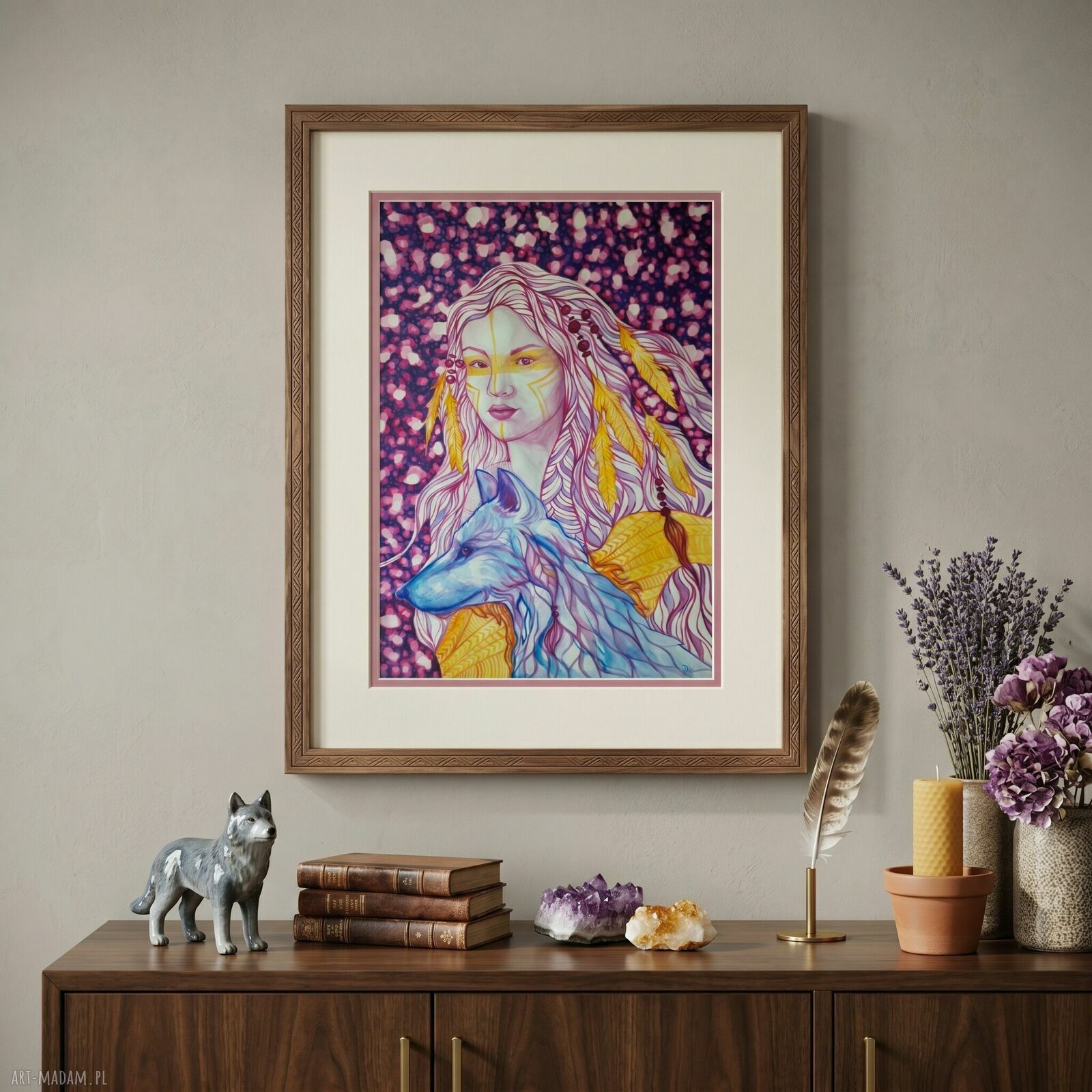 Wilczy Totem - oryginalna akwarela 70x100 cm (kobieta i wilk)