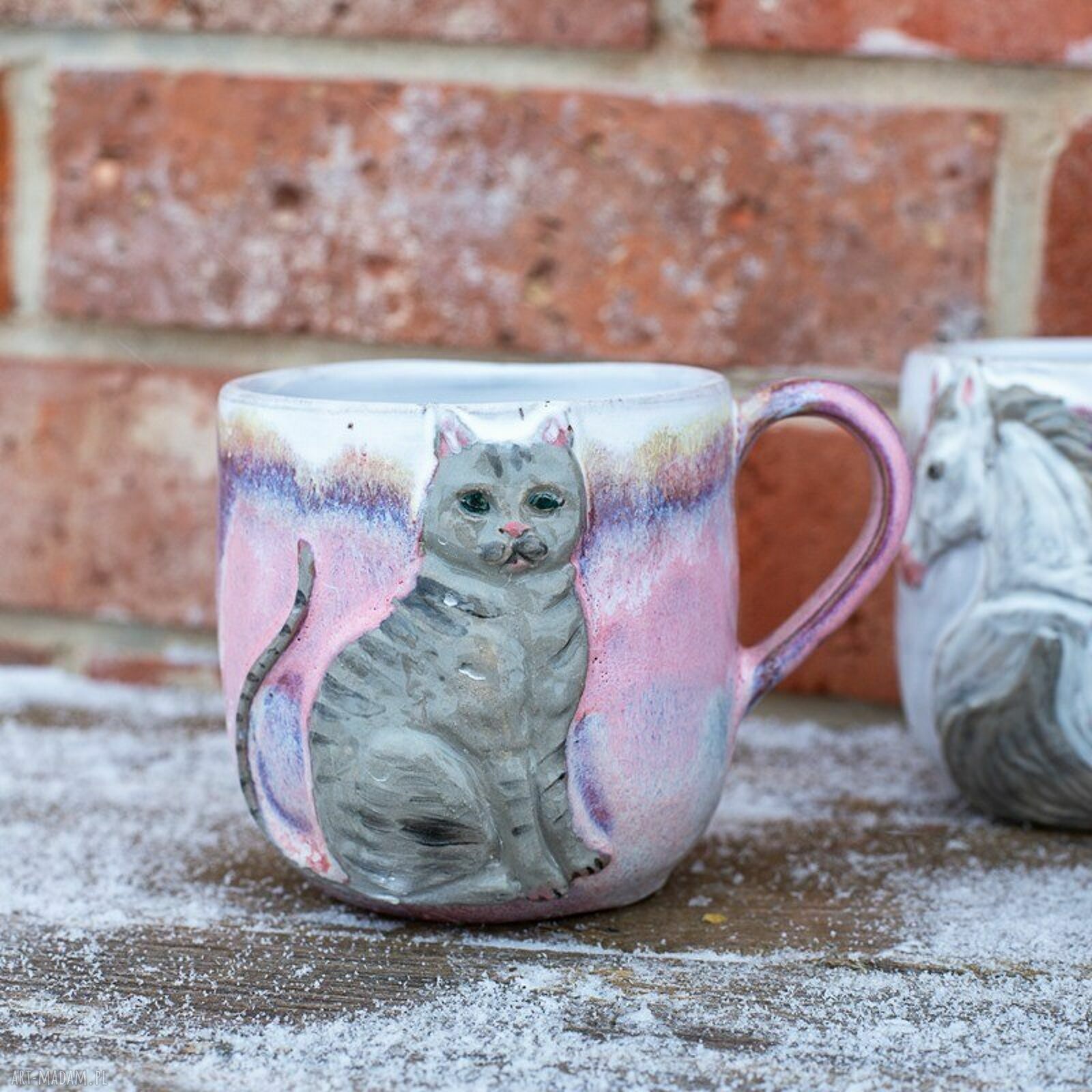 Ręcznie robiony duży kubek ceramiczny z kotem - Różowy sen Peony (ok. 450 ml)