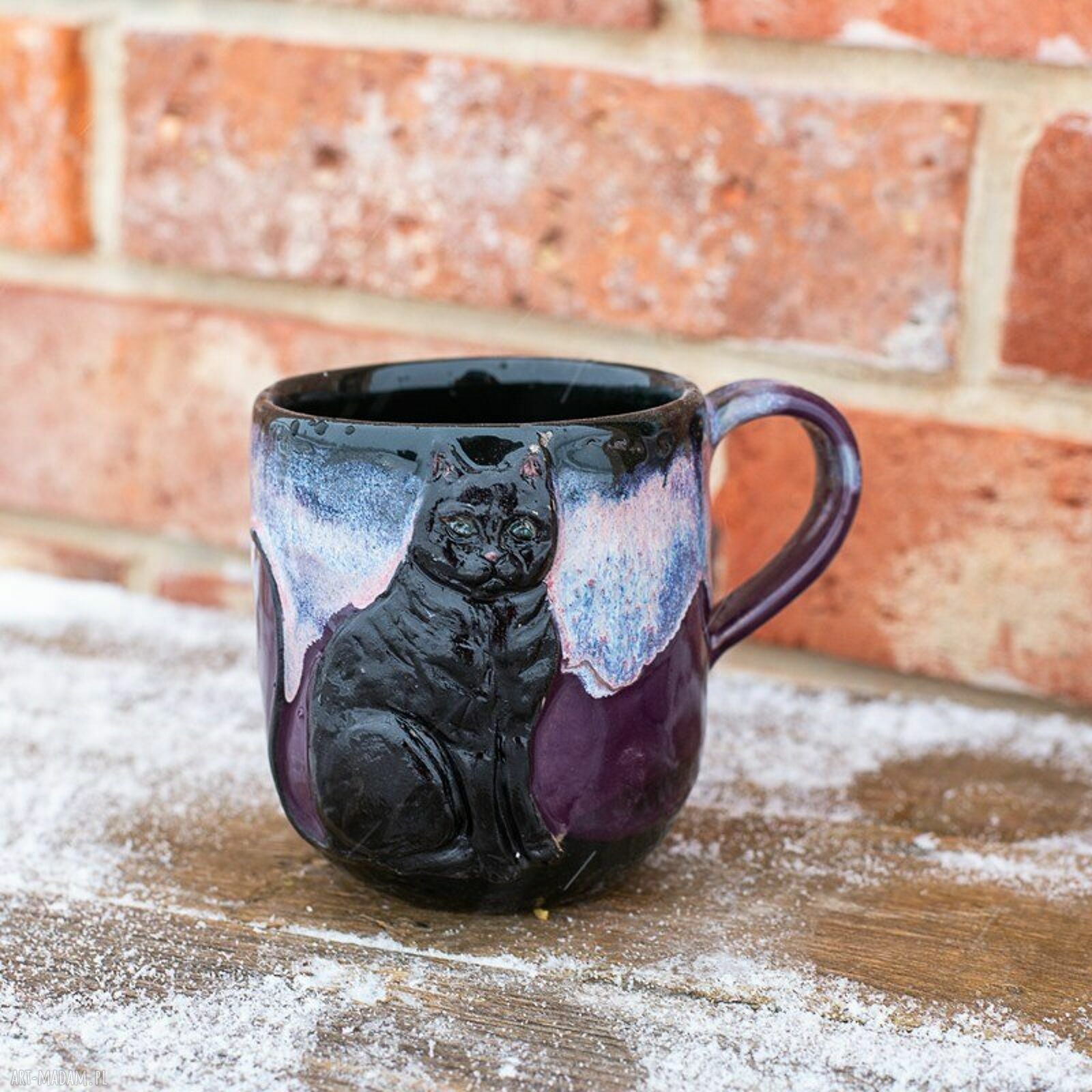 Duży kubek ceramiczny z kotem - Czarna Violetta, ręcznie robiony ok. 450 ml
